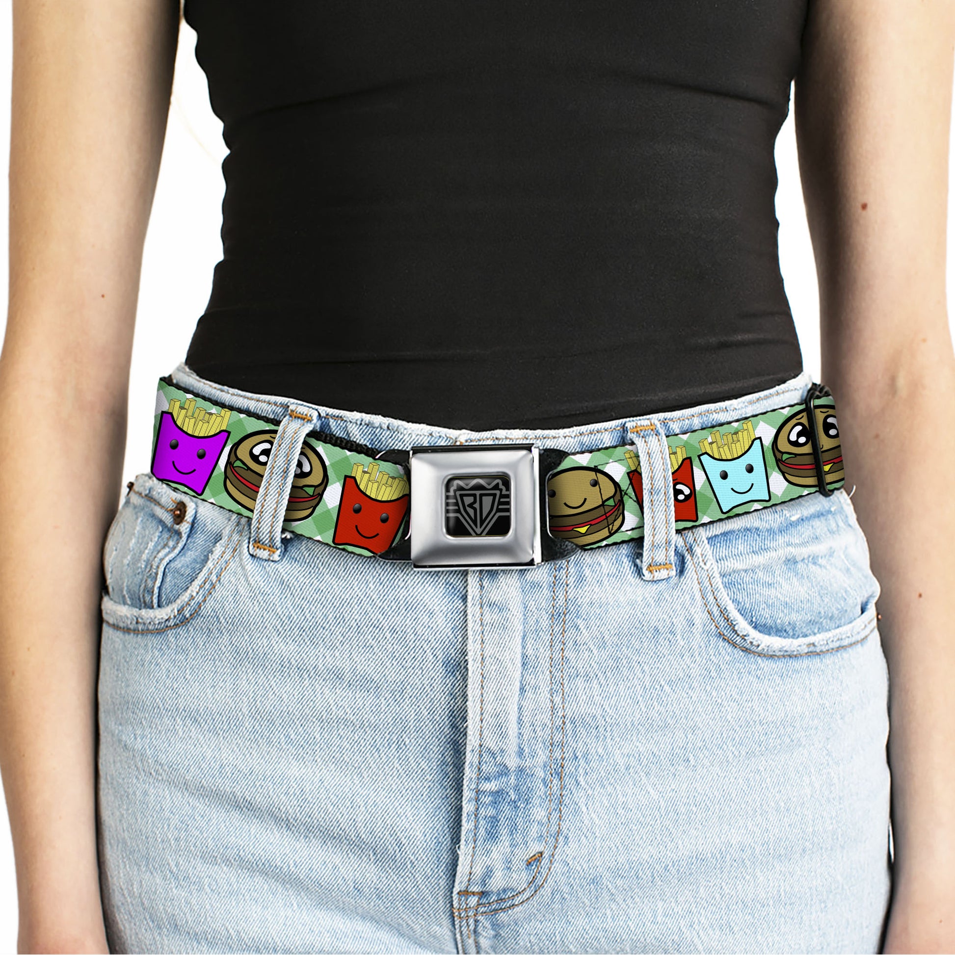 BD Wings Logo CLOSE-UP Full Color Black Silver Seatbelt Belt - Burger & Fries Cartoon Straight Green Tablecloth Webbing Seatbelt Belts Buckle-Down