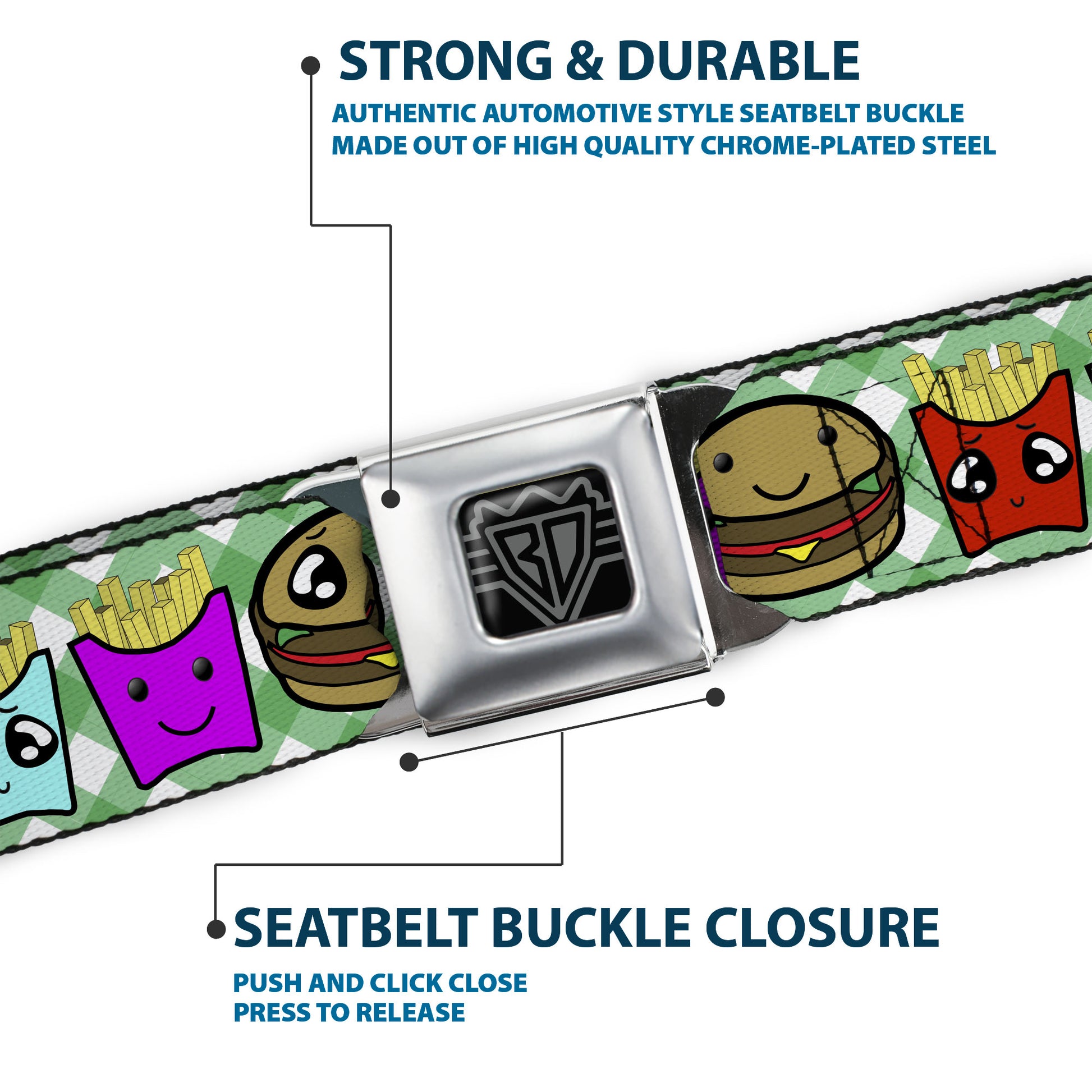 BD Wings Logo CLOSE-UP Full Color Black Silver Seatbelt Belt - Burger & Fries Cartoon Straight Green Tablecloth Webbing Seatbelt Belts Buckle-Down