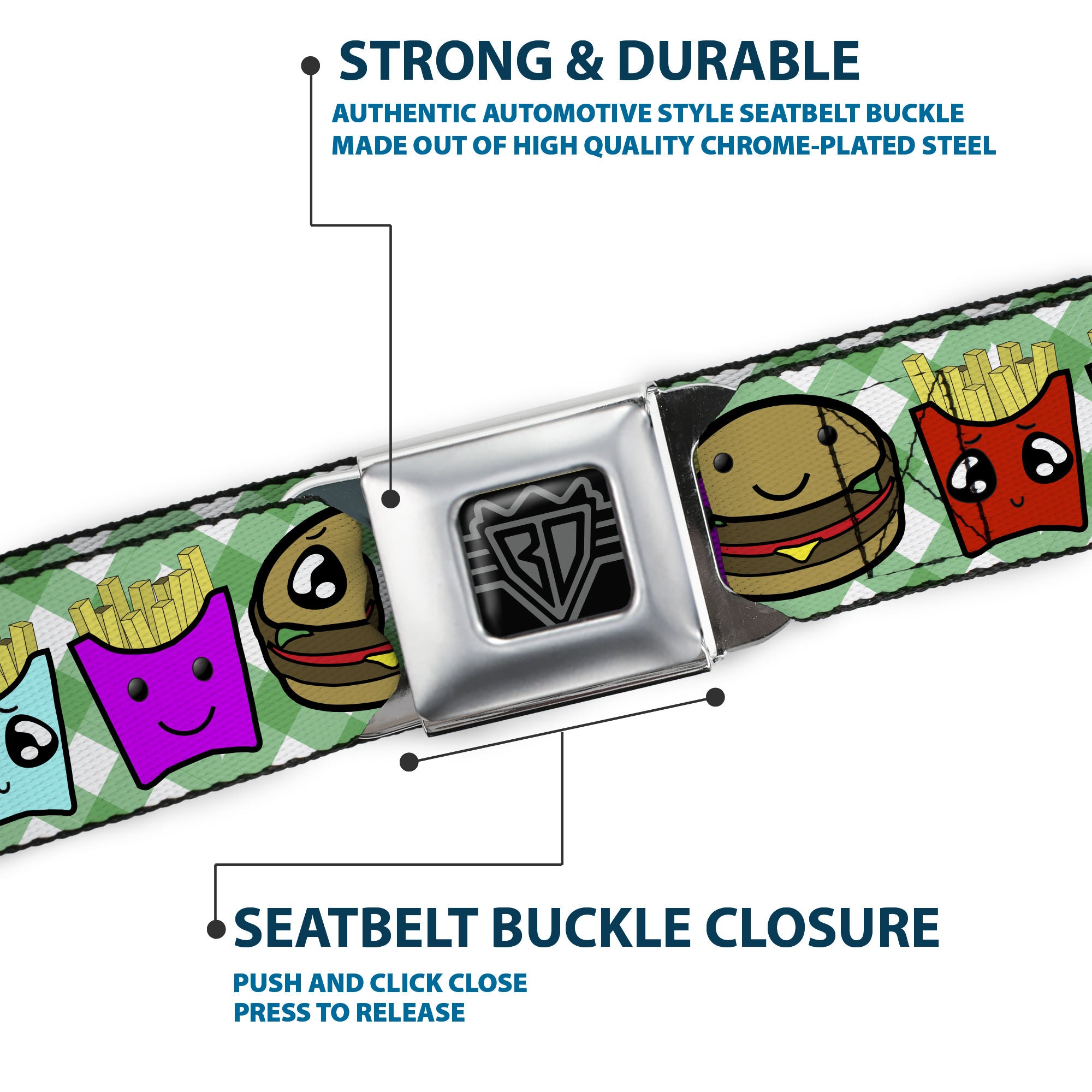 BD Wings Logo CLOSE-UP Full Color Black Silver Seatbelt Belt - Burger & Fries Cartoon Straight Green Tablecloth Webbing Seatbelt Belts Buckle-Down