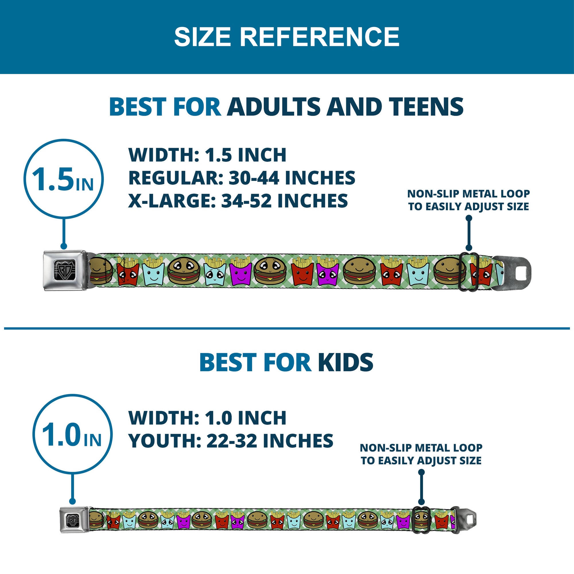 BD Wings Logo CLOSE-UP Full Color Black Silver Seatbelt Belt - Burger & Fries Cartoon Straight Green Tablecloth Webbing Seatbelt Belts Buckle-Down