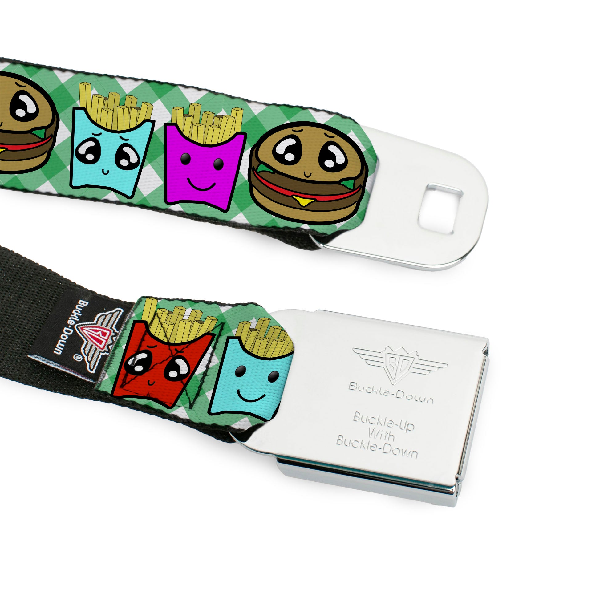 BD Wings Logo CLOSE-UP Full Color Black Silver Seatbelt Belt - Burger & Fries Cartoon Straight Green Tablecloth Webbing Seatbelt Belts Buckle-Down