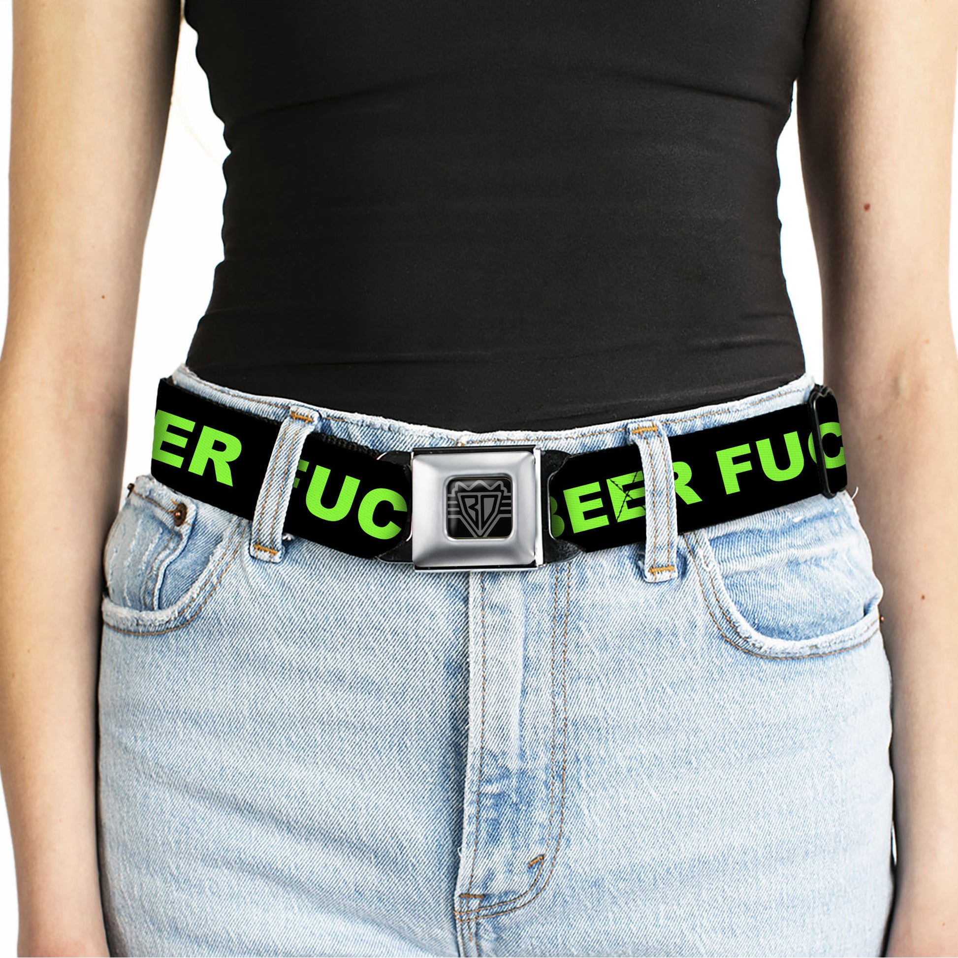 Seatbelt Belt - BEER FUCK YEAH Black/Neon Green Seatbelt Belts Buckle-Down