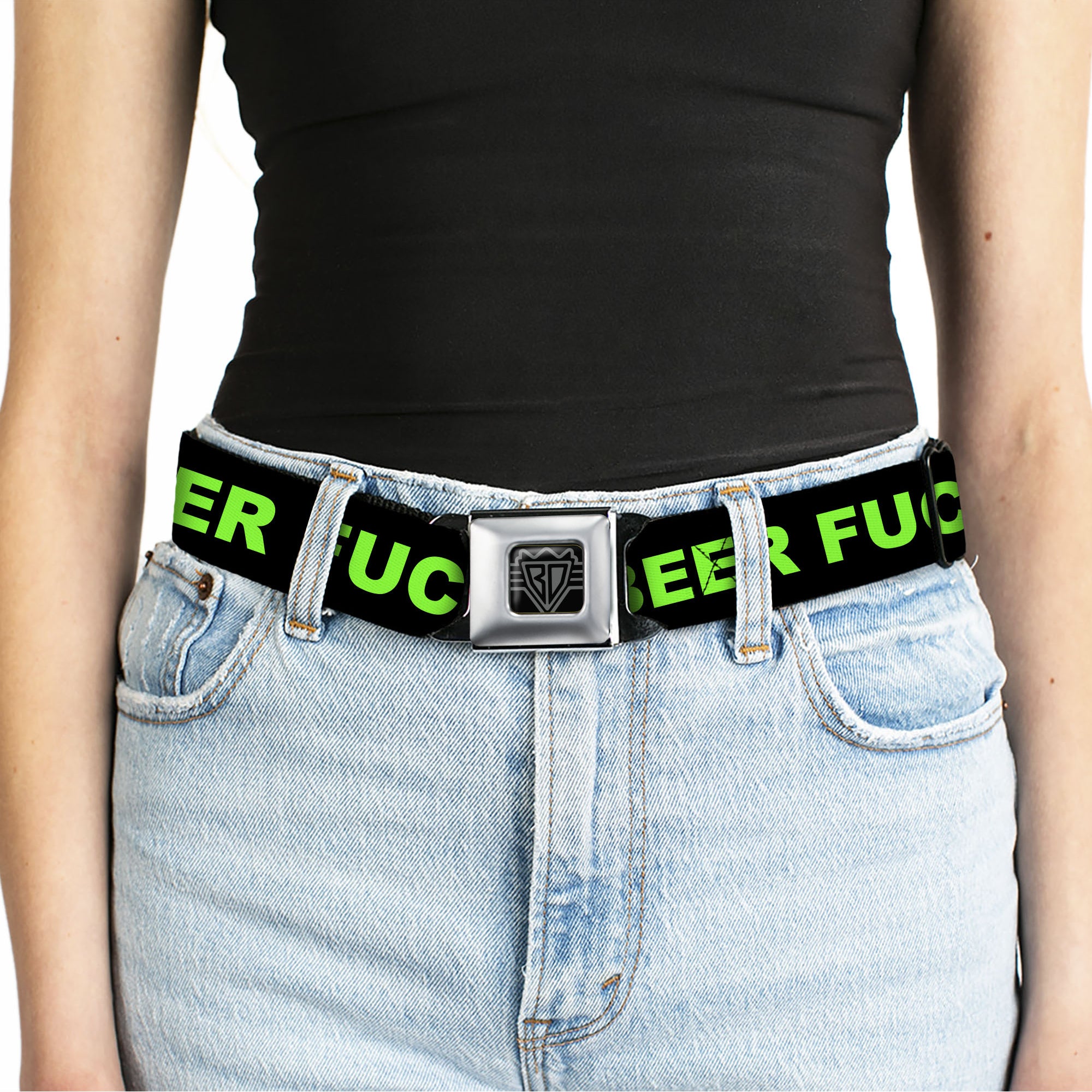 Seatbelt Belt - BEER FUCK YEAH Black/Neon Green Seatbelt Belts Buckle-Down