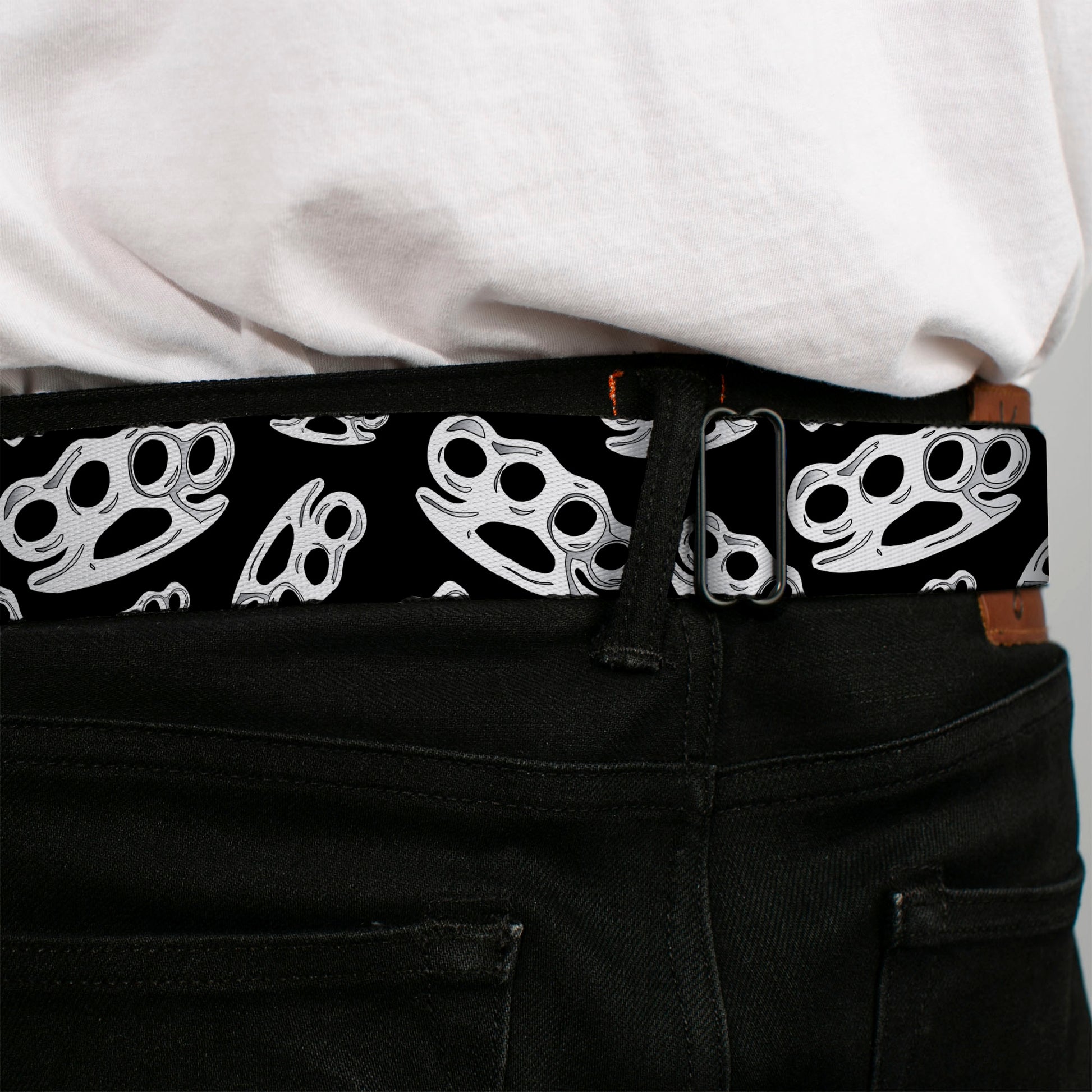 Seatbelt Belt - Brass Knuckles Black/White Seatbelt Belts Buckle-Down
