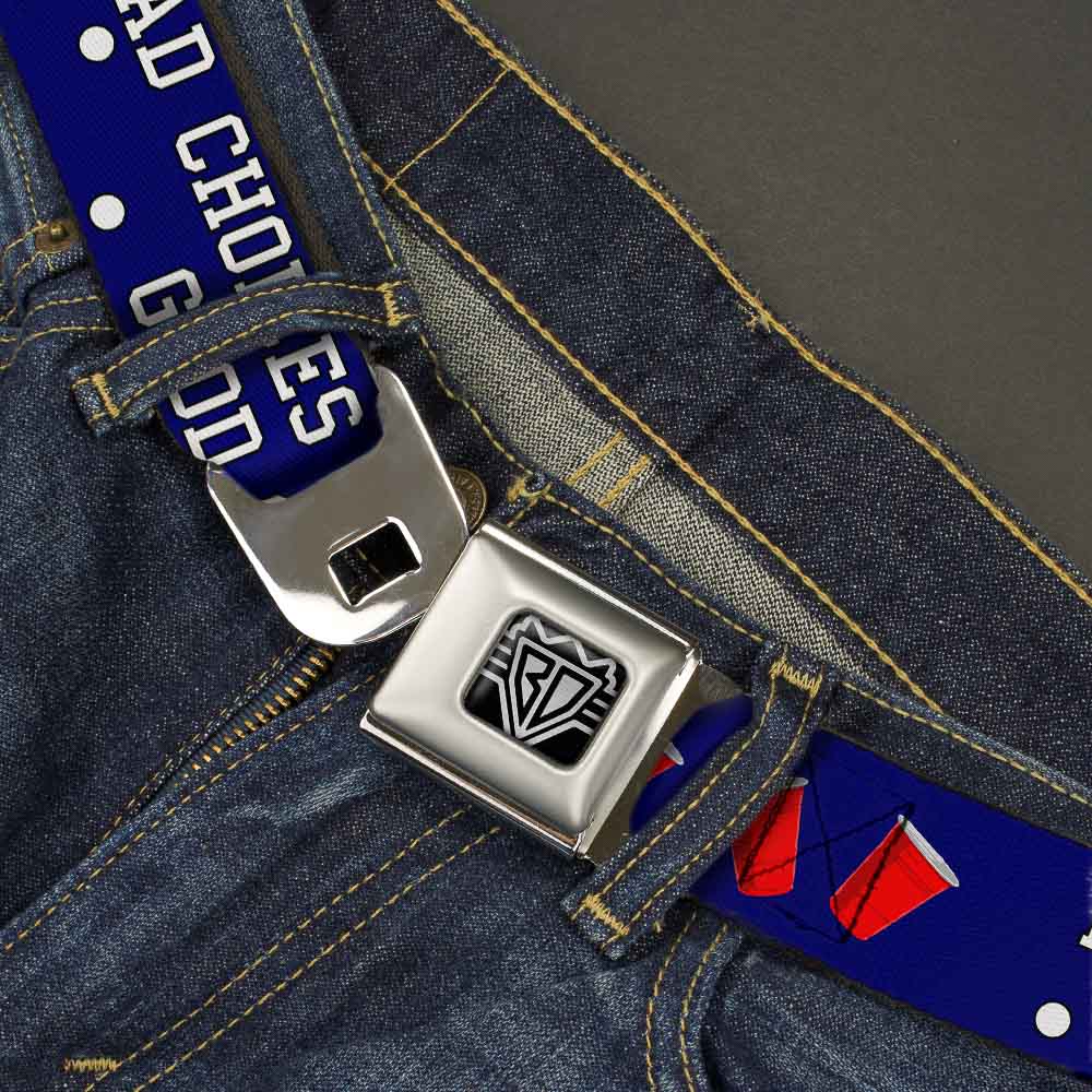 BD Wings Logo CLOSE-UP Full Color Black Silver Seatbelt Belt - Beer Pong BAD CHOICES CREATE GOOD STORIES Blue/White/Red Webbing Seatbelt Belts Buckle-Down