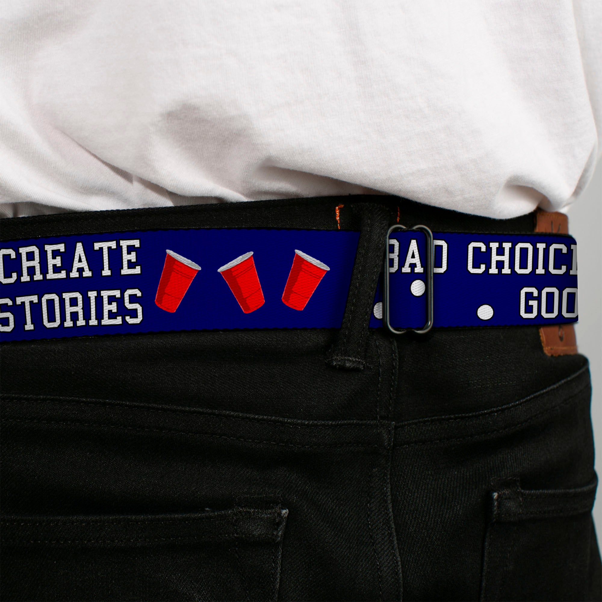 BD Wings Logo CLOSE-UP Full Color Black Silver Seatbelt Belt - Beer Pong BAD CHOICES CREATE GOOD STORIES Blue/White/Red Webbing Seatbelt Belts Buckle-Down