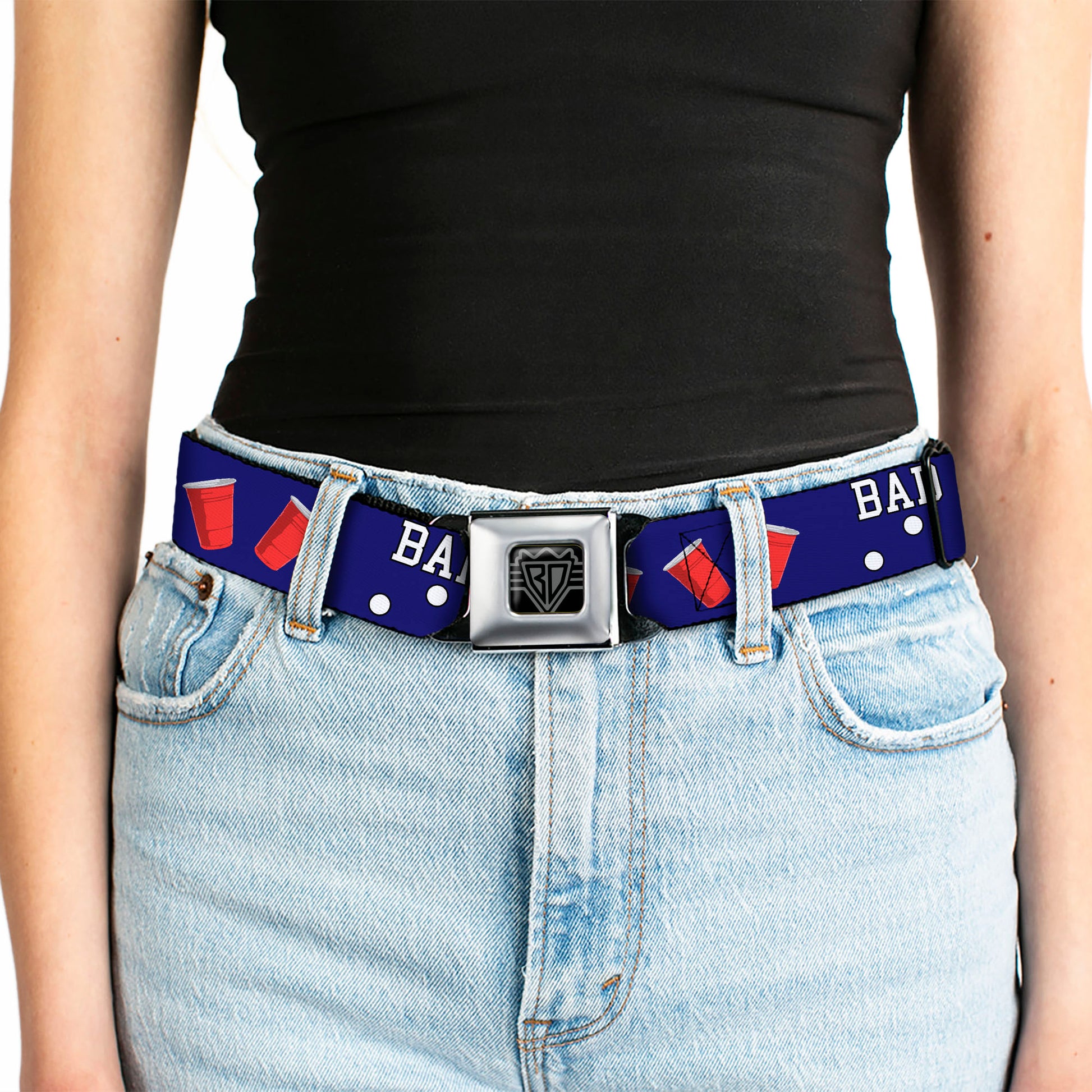 BD Wings Logo CLOSE-UP Full Color Black Silver Seatbelt Belt - Beer Pong BAD CHOICES CREATE GOOD STORIES Blue/White/Red Webbing Seatbelt Belts Buckle-Down