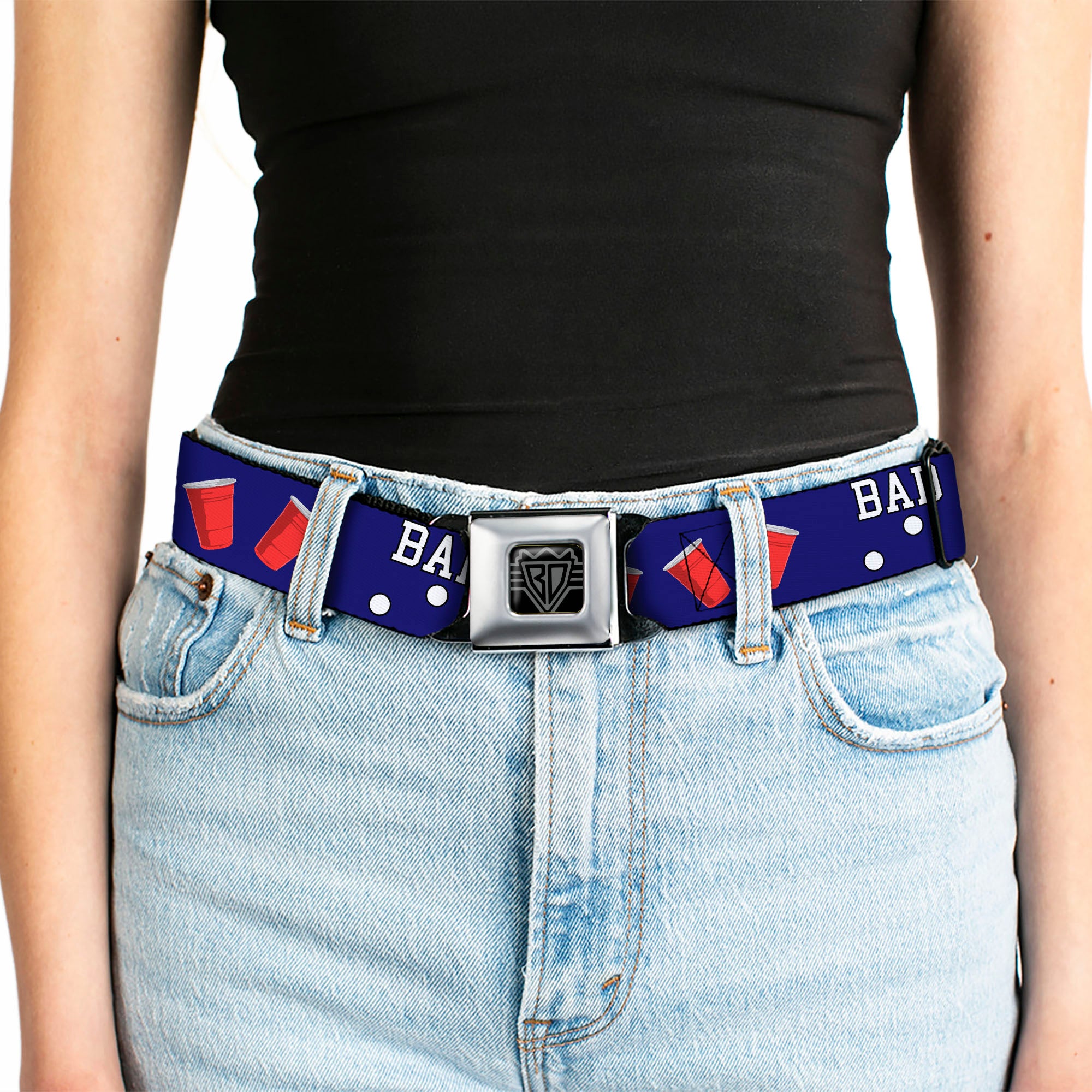 BD Wings Logo CLOSE-UP Full Color Black Silver Seatbelt Belt - Beer Pong BAD CHOICES CREATE GOOD STORIES Blue/White/Red Webbing Seatbelt Belts Buckle-Down
