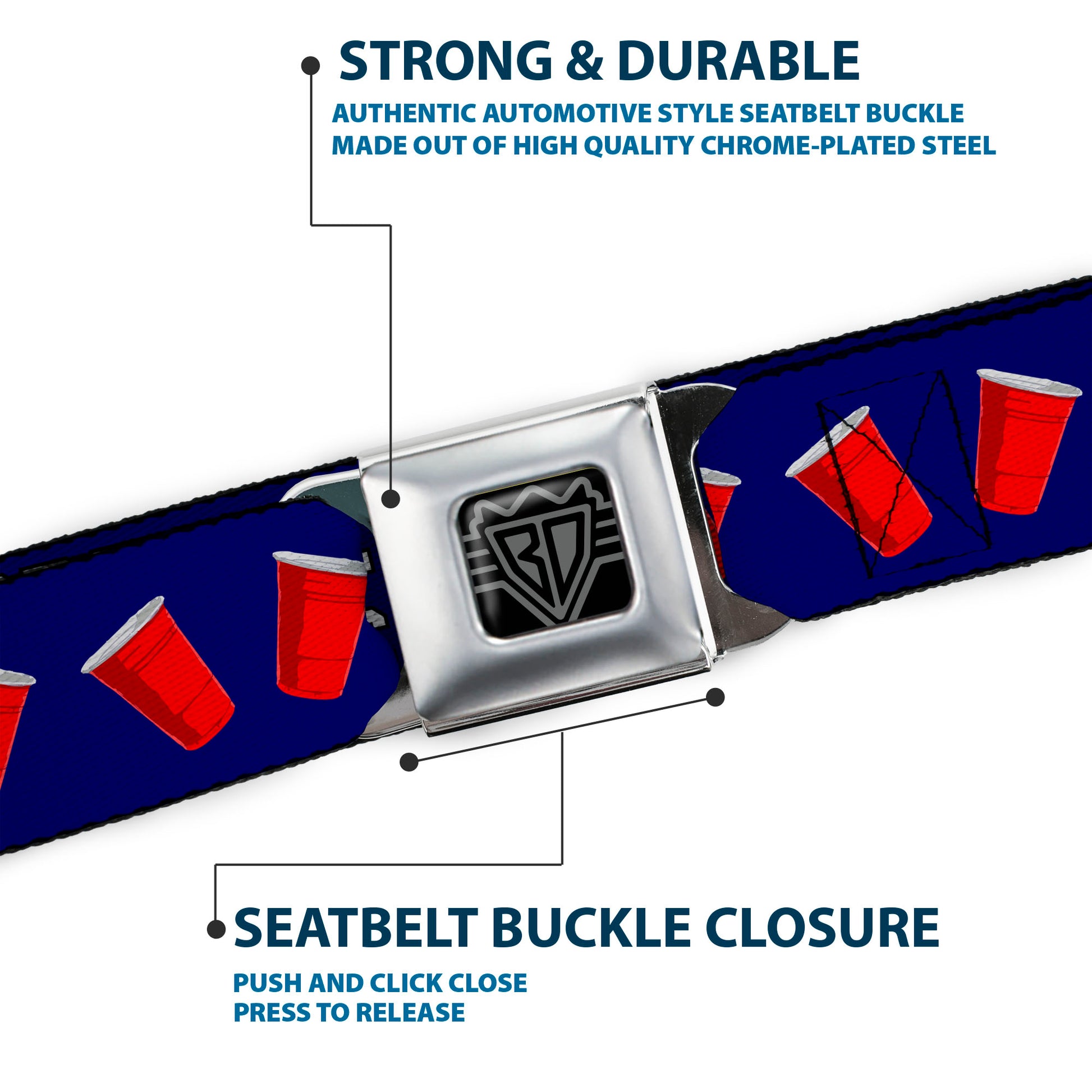 BD Wings Logo CLOSE-UP Full Color Black Silver Seatbelt Belt - Beer Pong BAD CHOICES CREATE GOOD STORIES Blue/White/Red Webbing Seatbelt Belts Buckle-Down
