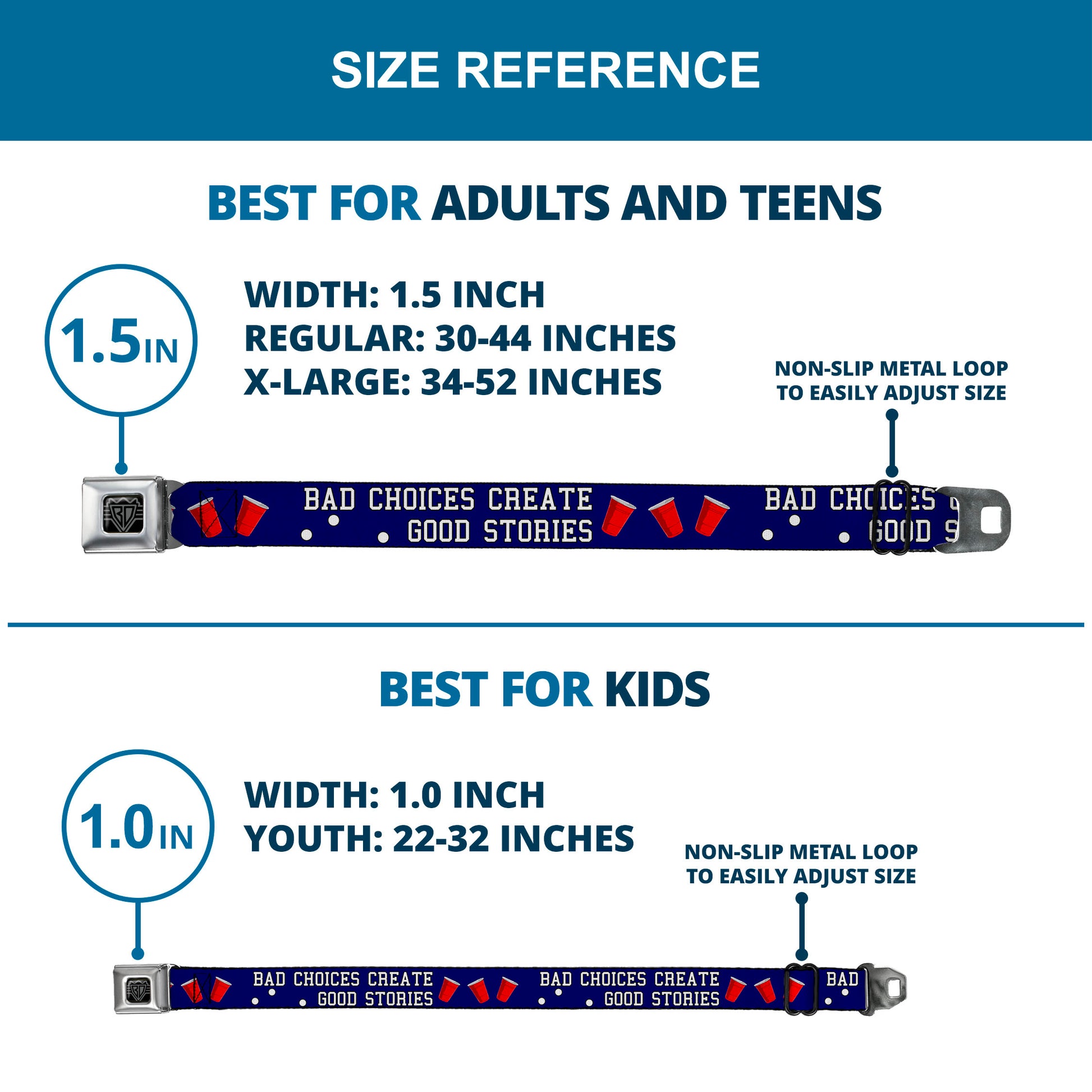 BD Wings Logo CLOSE-UP Full Color Black Silver Seatbelt Belt - Beer Pong BAD CHOICES CREATE GOOD STORIES Blue/White/Red Webbing Seatbelt Belts Buckle-Down