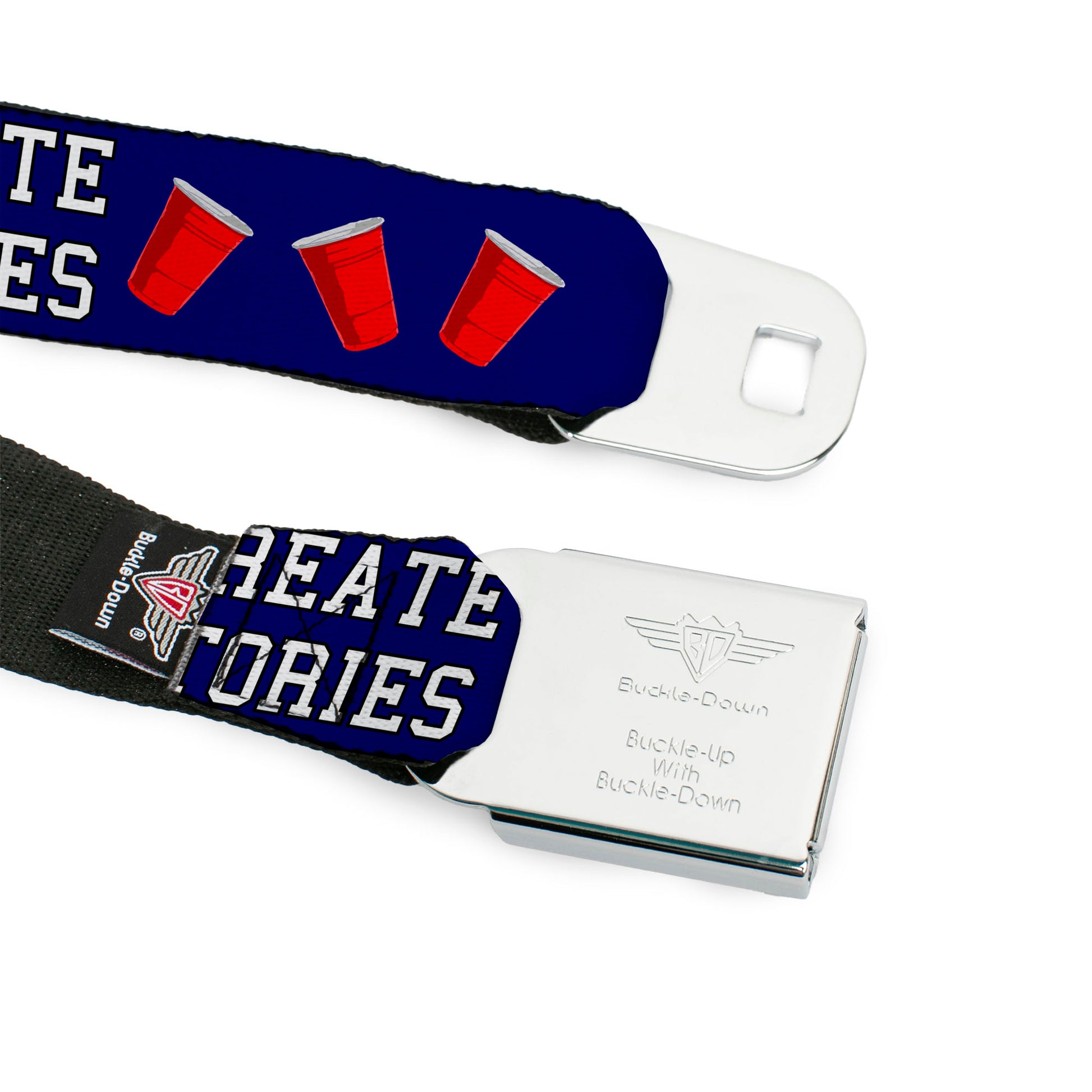 BD Wings Logo CLOSE-UP Full Color Black Silver Seatbelt Belt - Beer Pong BAD CHOICES CREATE GOOD STORIES Blue/White/Red Webbing Seatbelt Belts Buckle-Down
