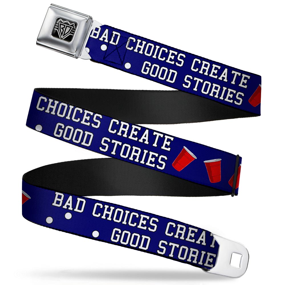 BD Wings Logo CLOSE-UP Full Color Black Silver Seatbelt Belt - Beer Pong BAD CHOICES CREATE GOOD STORIES Blue/White/Red Webbing Seatbelt Belts Buckle-Down