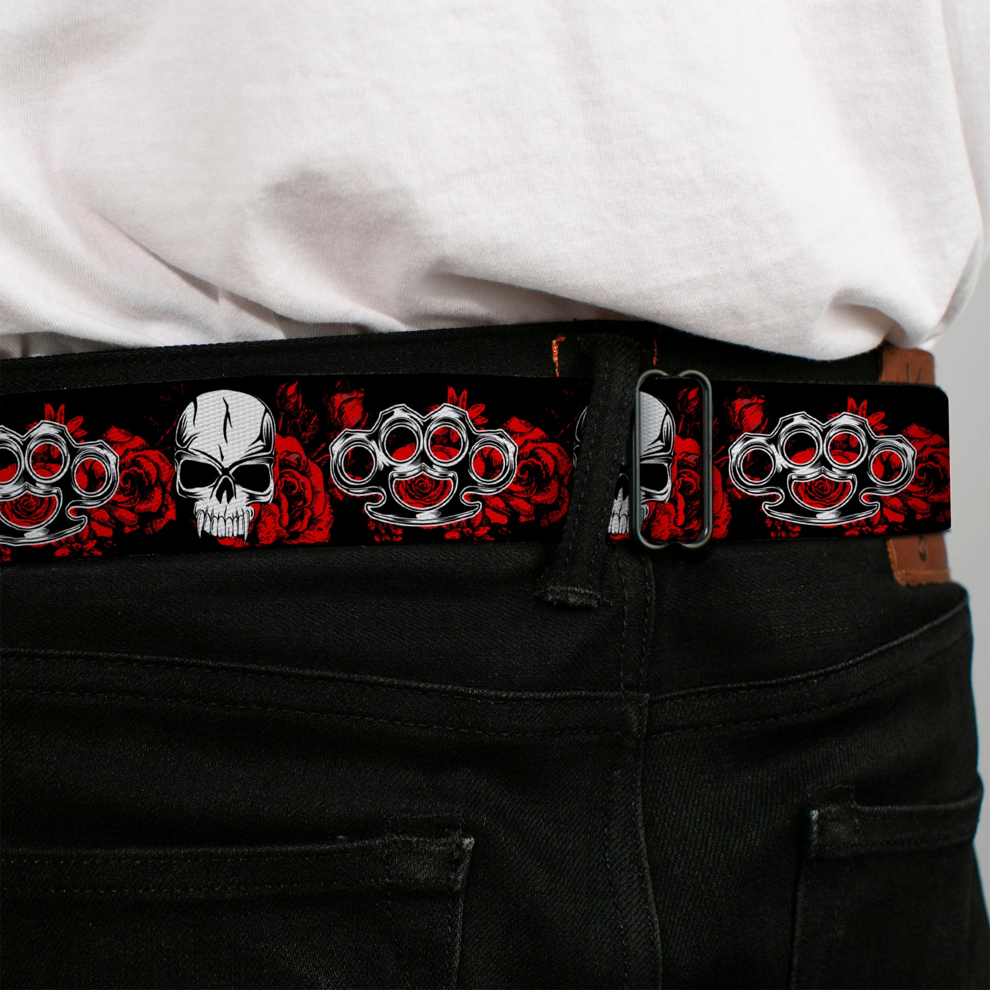 BD Wings Logo CLOSE-UP Full Color Black Silver Seatbelt Belt - Brass Knuckles/Skulls/Roses Black/Red/White Webbing Seatbelt Belts Buckle-Down