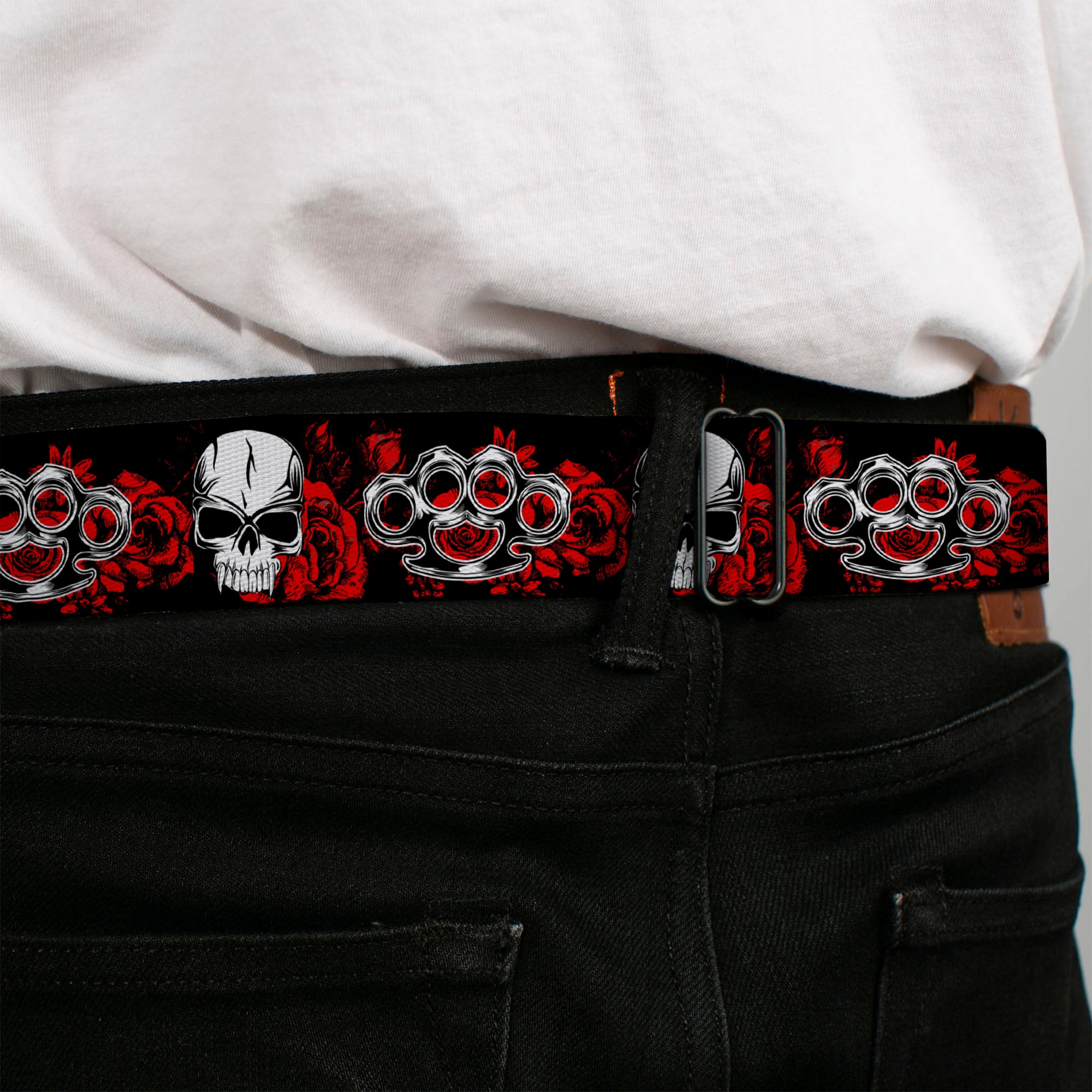 BD Wings Logo CLOSE-UP Full Color Black Silver Seatbelt Belt - Brass Knuckles/Skulls/Roses Black/Red/White Webbing Seatbelt Belts Buckle-Down
