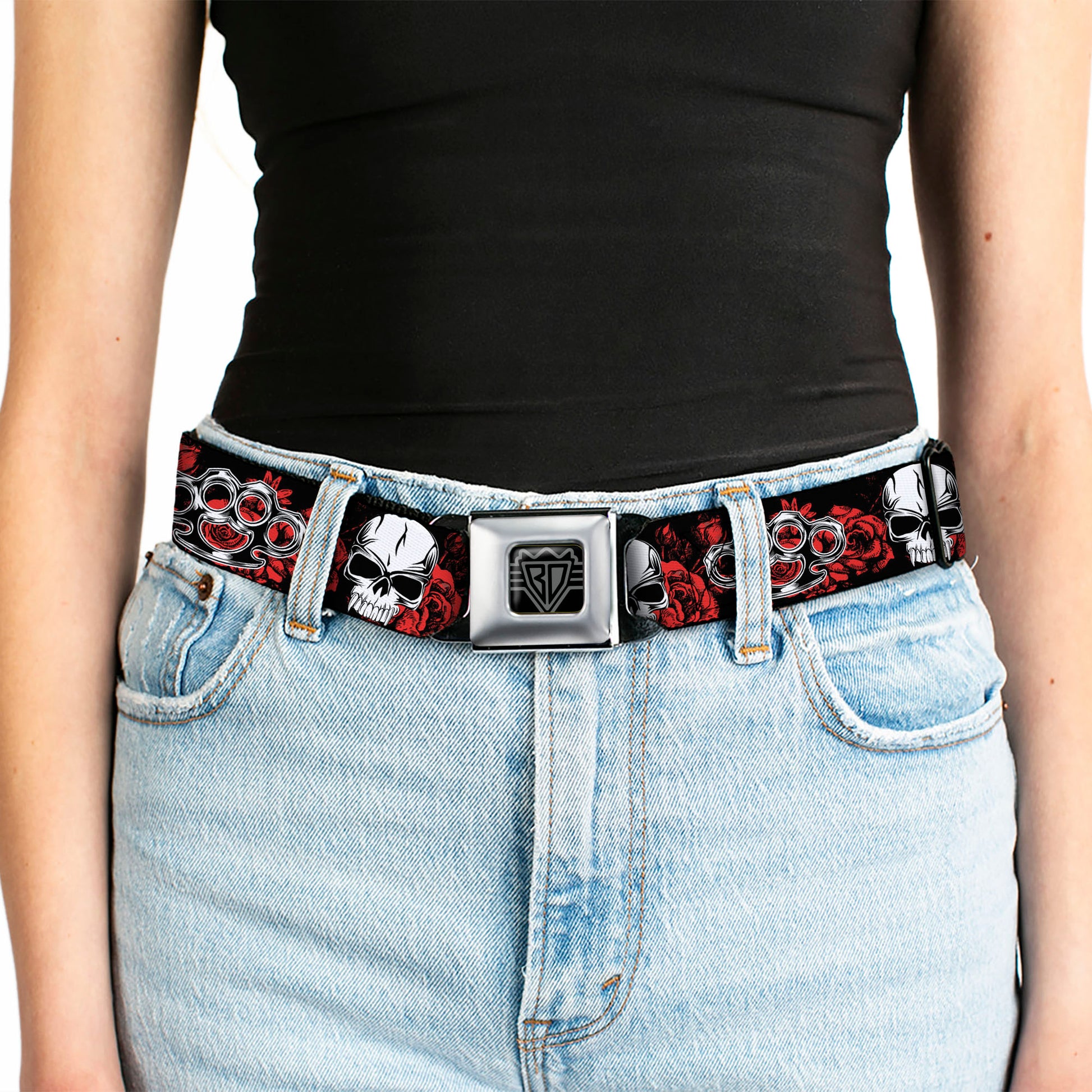 BD Wings Logo CLOSE-UP Full Color Black Silver Seatbelt Belt - Brass Knuckles/Skulls/Roses Black/Red/White Webbing Seatbelt Belts Buckle-Down