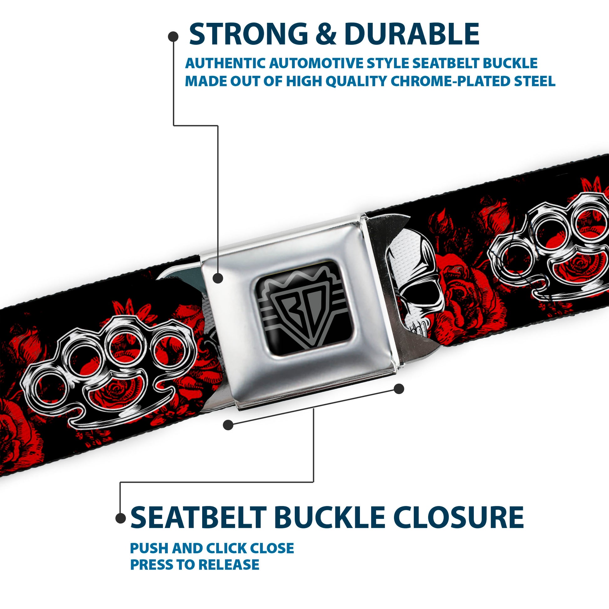 BD Wings Logo CLOSE-UP Full Color Black Silver Seatbelt Belt - Brass Knuckles/Skulls/Roses Black/Red/White Webbing Seatbelt Belts Buckle-Down