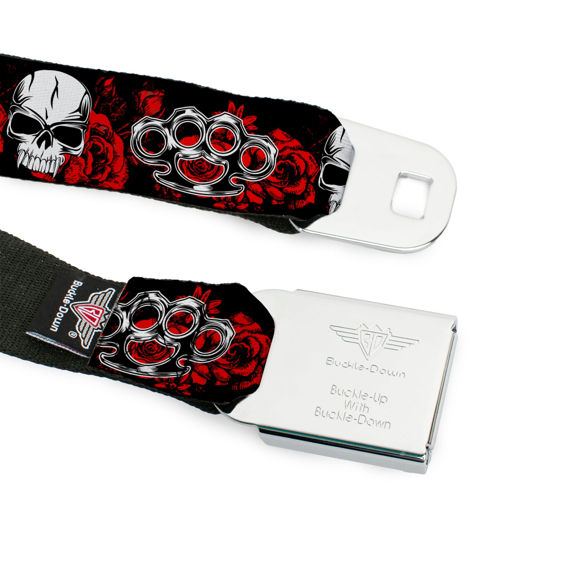 BD Wings Logo CLOSE-UP Full Color Black Silver Seatbelt Belt - Brass Knuckles/Skulls/Roses Black/Red/White Webbing Seatbelt Belts Buckle-Down