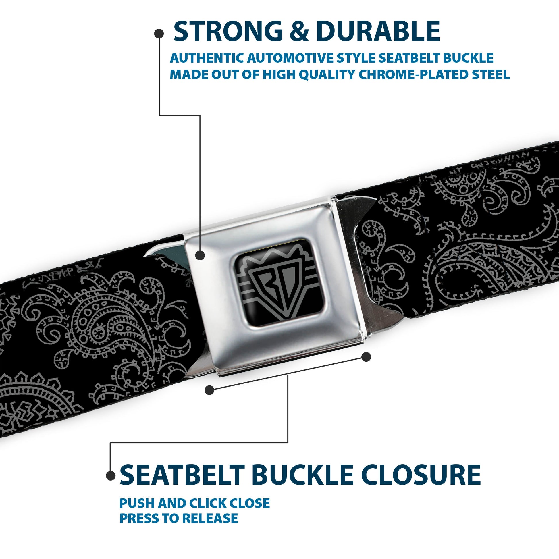 BD Wings Logo CLOSE-UP Full Color Black Silver Seatbelt Belt - Bandana Black/Gray Webbing Seatbelt Belts Buckle-Down