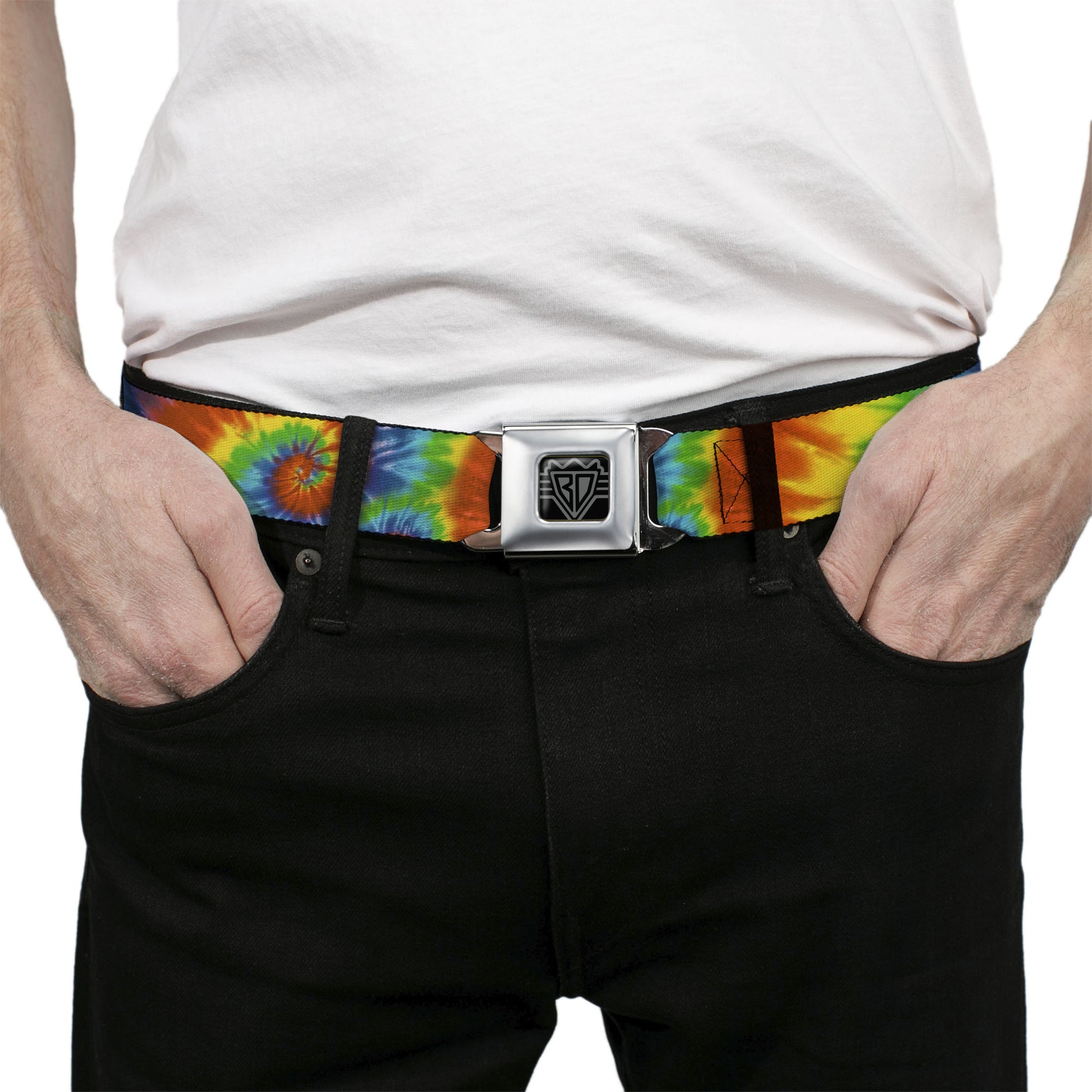 BD Wings Logo CLOSE-UP Full Color Black Silver Seatbelt Belt - BD Tie Dye13 Webbing Seatbelt Belts Buckle-Down