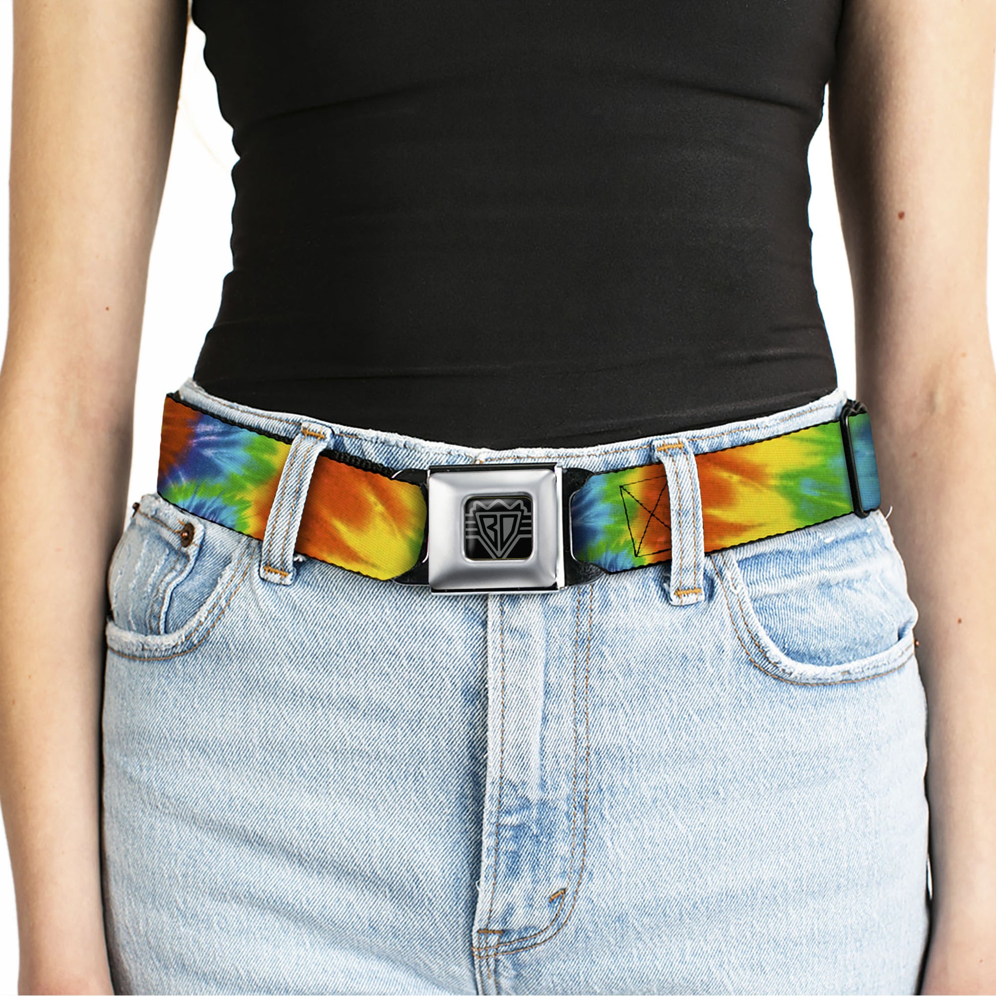 BD Wings Logo CLOSE-UP Full Color Black Silver Seatbelt Belt - BD Tie Dye13 Webbing Seatbelt Belts Buckle-Down