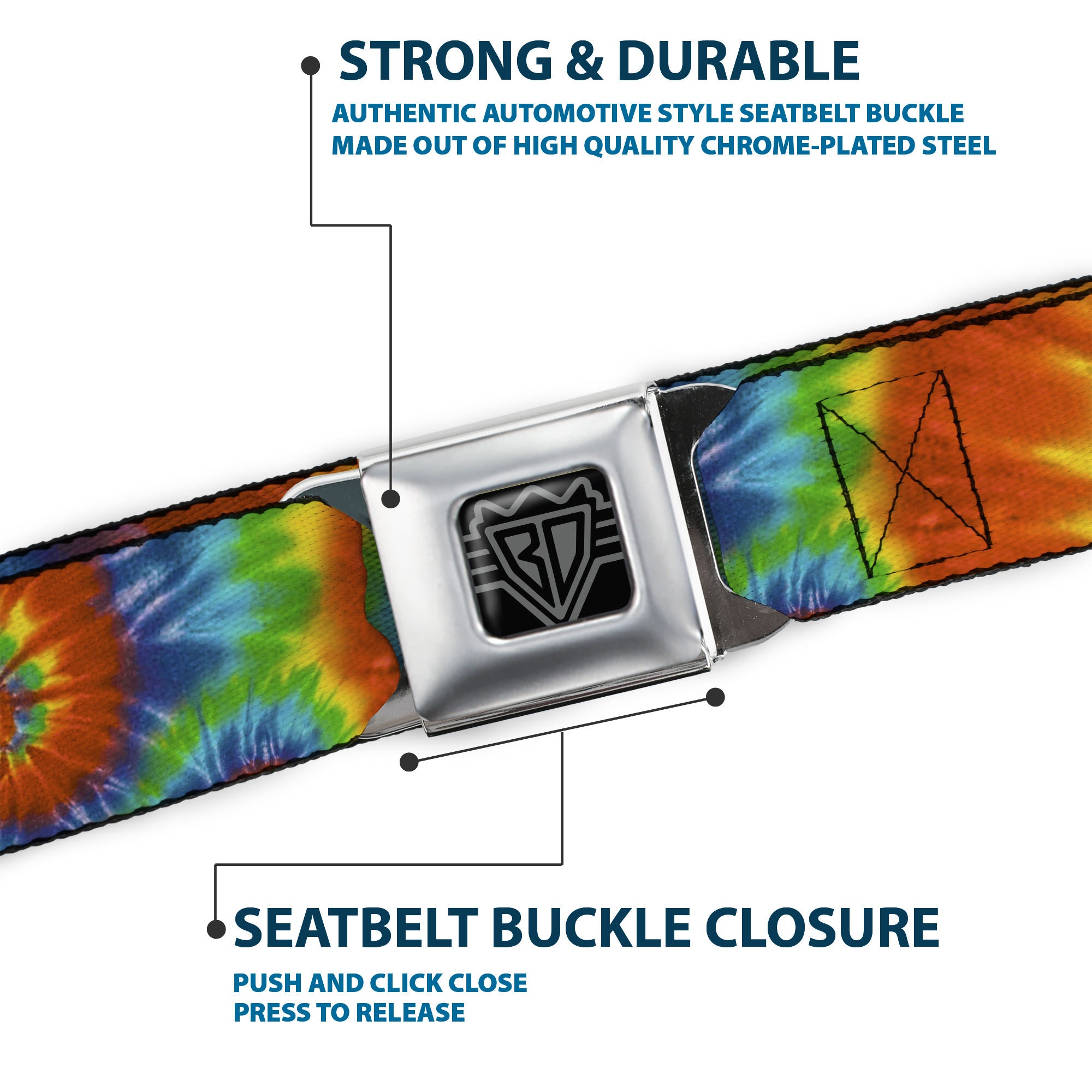 BD Wings Logo CLOSE-UP Full Color Black Silver Seatbelt Belt - BD Tie Dye13 Webbing Seatbelt Belts Buckle-Down
