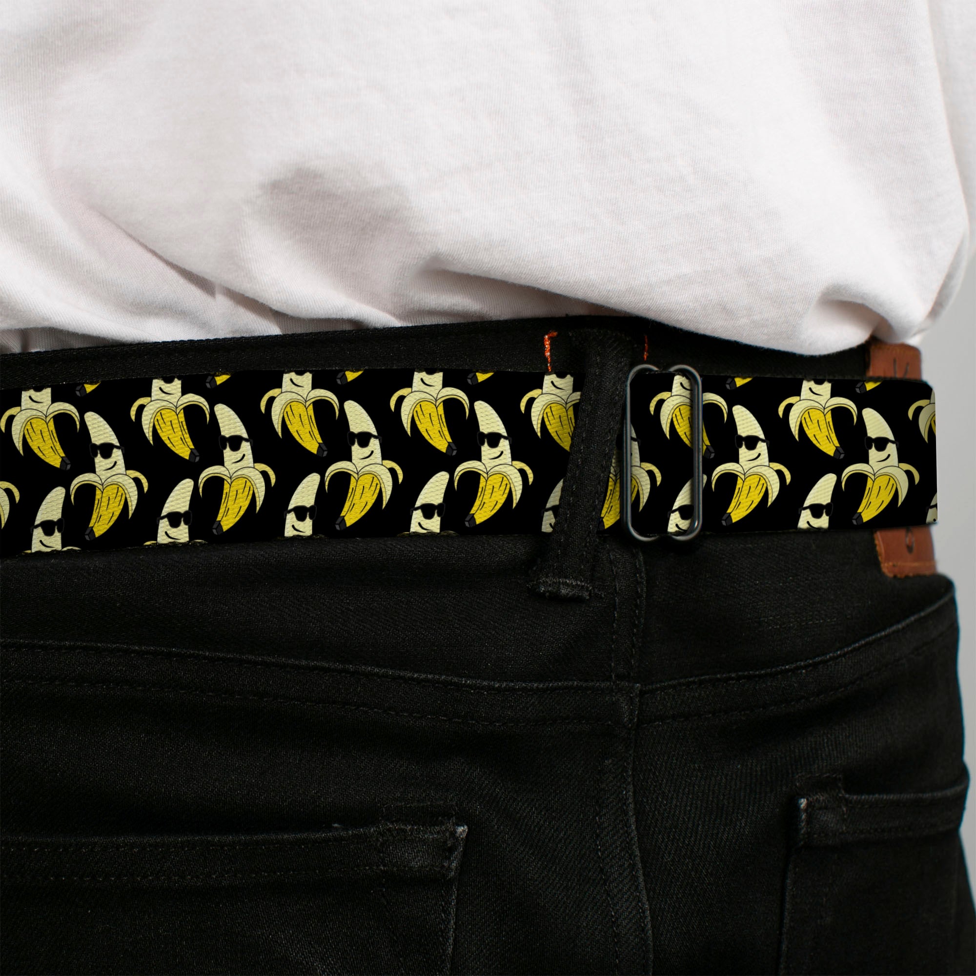 BD Wings Logo CLOSE-UP Full Color Black Silver Seatbelt Belt - Banana Peeled w/Sunglasses Black/Yellow Webbing Seatbelt Belts Buckle-Down