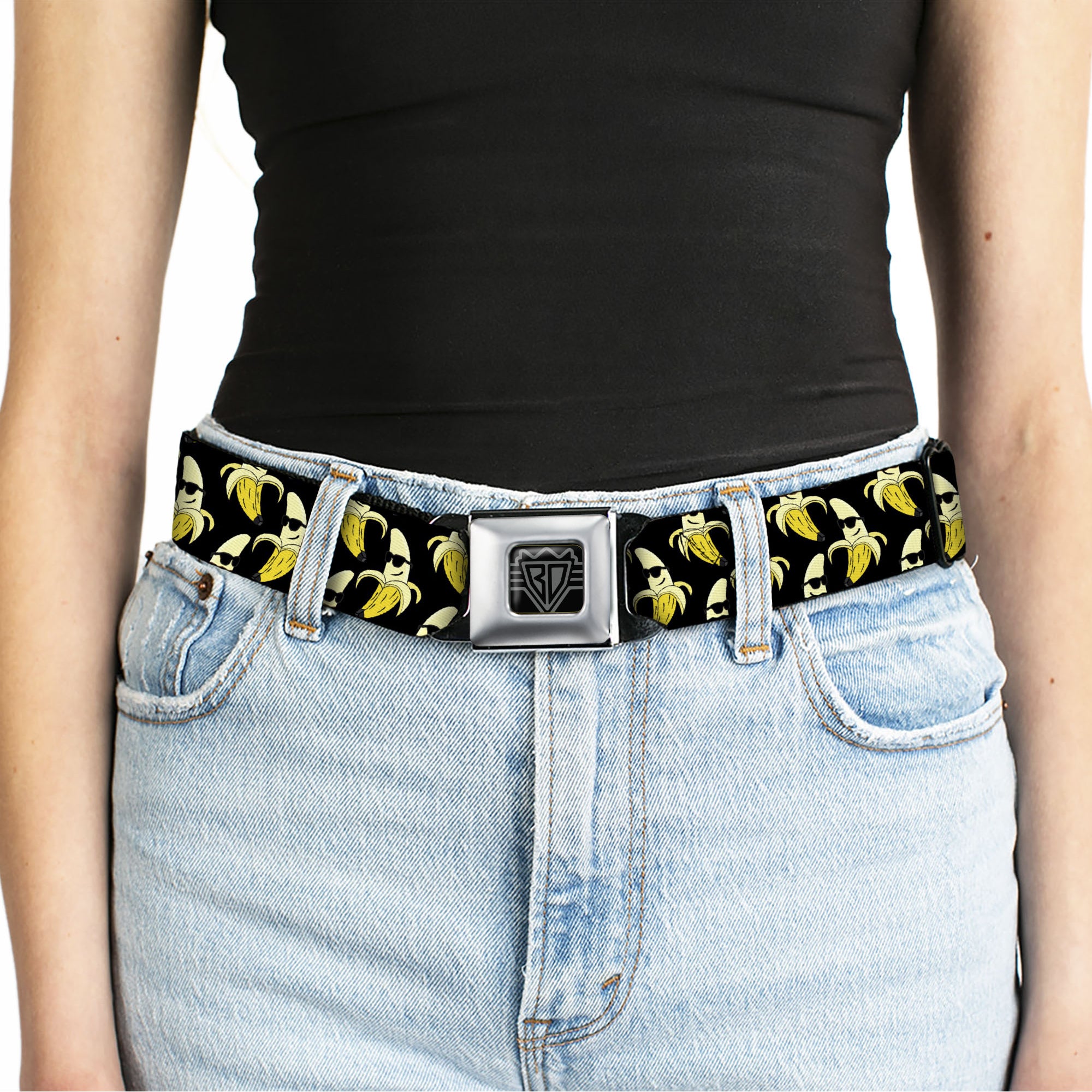 BD Wings Logo CLOSE-UP Full Color Black Silver Seatbelt Belt - Banana Peeled w/Sunglasses Black/Yellow Webbing Seatbelt Belts Buckle-Down