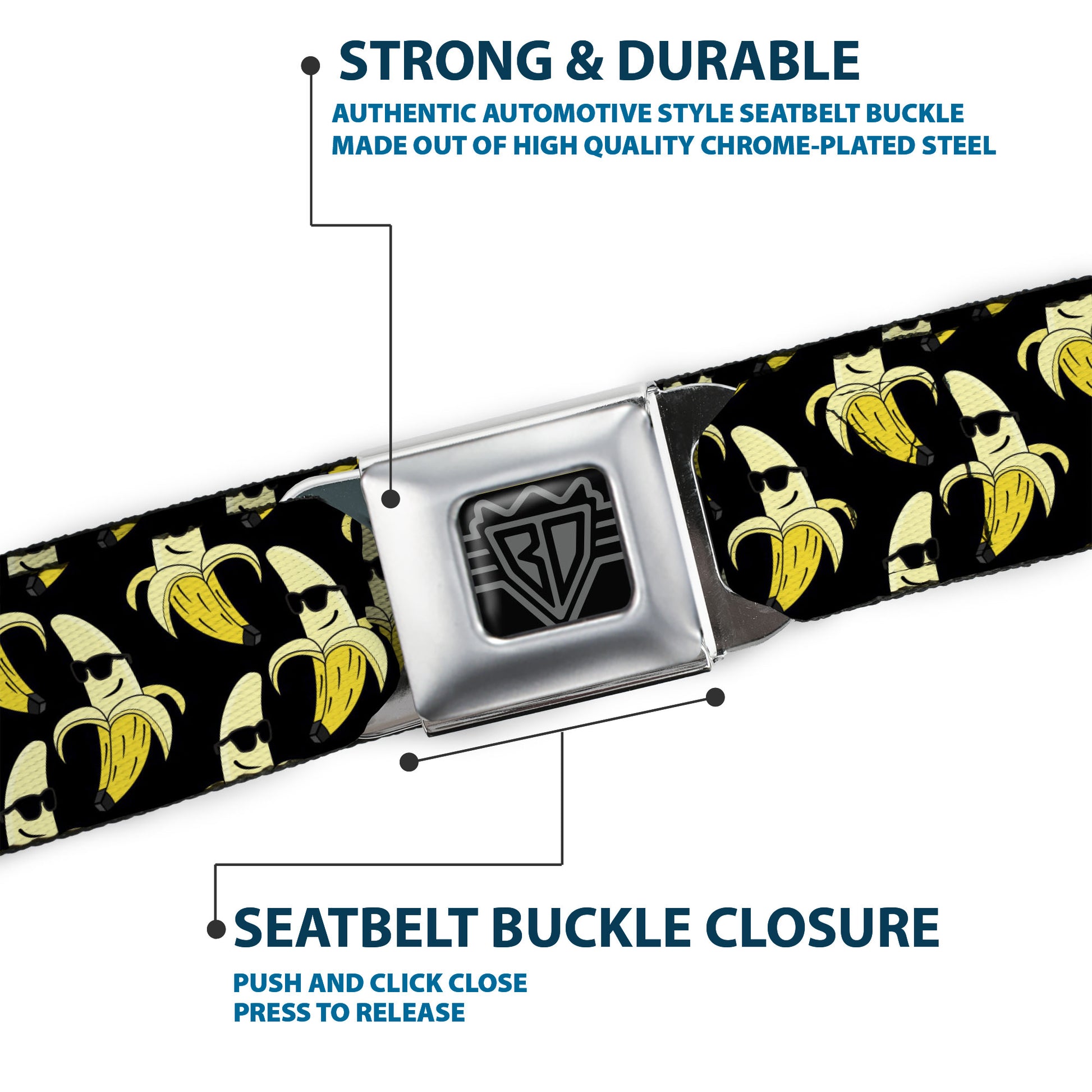 BD Wings Logo CLOSE-UP Full Color Black Silver Seatbelt Belt - Banana Peeled w/Sunglasses Black/Yellow Webbing Seatbelt Belts Buckle-Down