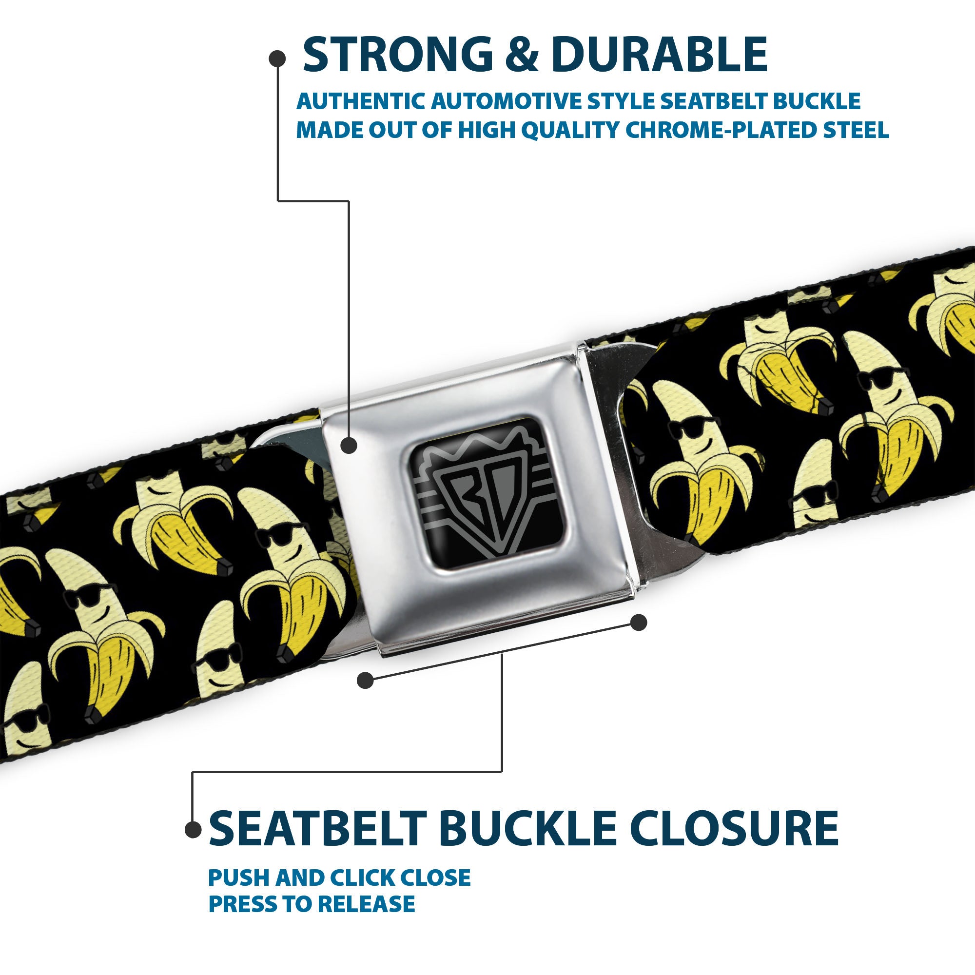 BD Wings Logo CLOSE-UP Full Color Black Silver Seatbelt Belt - Banana Peeled w/Sunglasses Black/Yellow Webbing Seatbelt Belts Buckle-Down