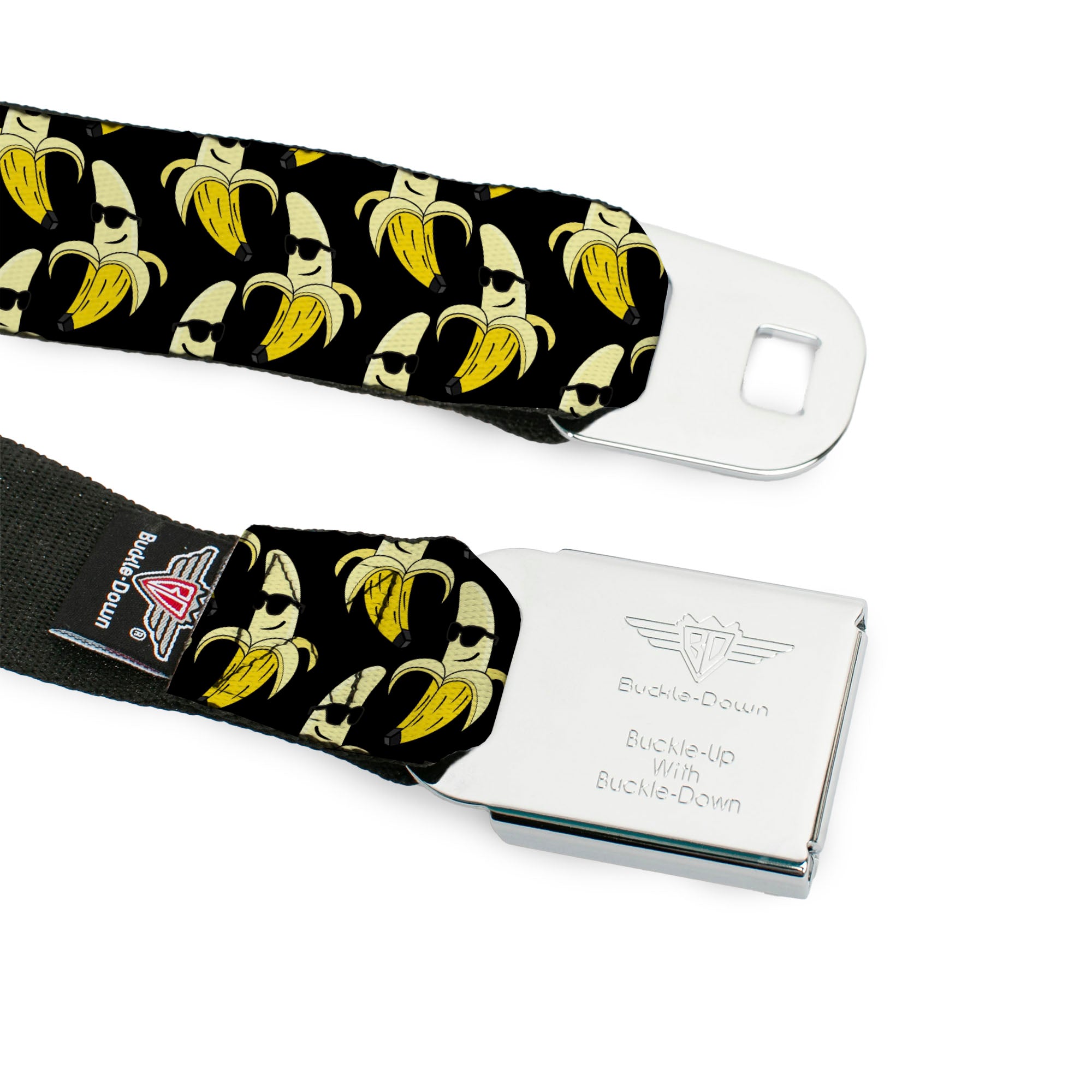 BD Wings Logo CLOSE-UP Full Color Black Silver Seatbelt Belt - Banana Peeled w/Sunglasses Black/Yellow Webbing Seatbelt Belts Buckle-Down