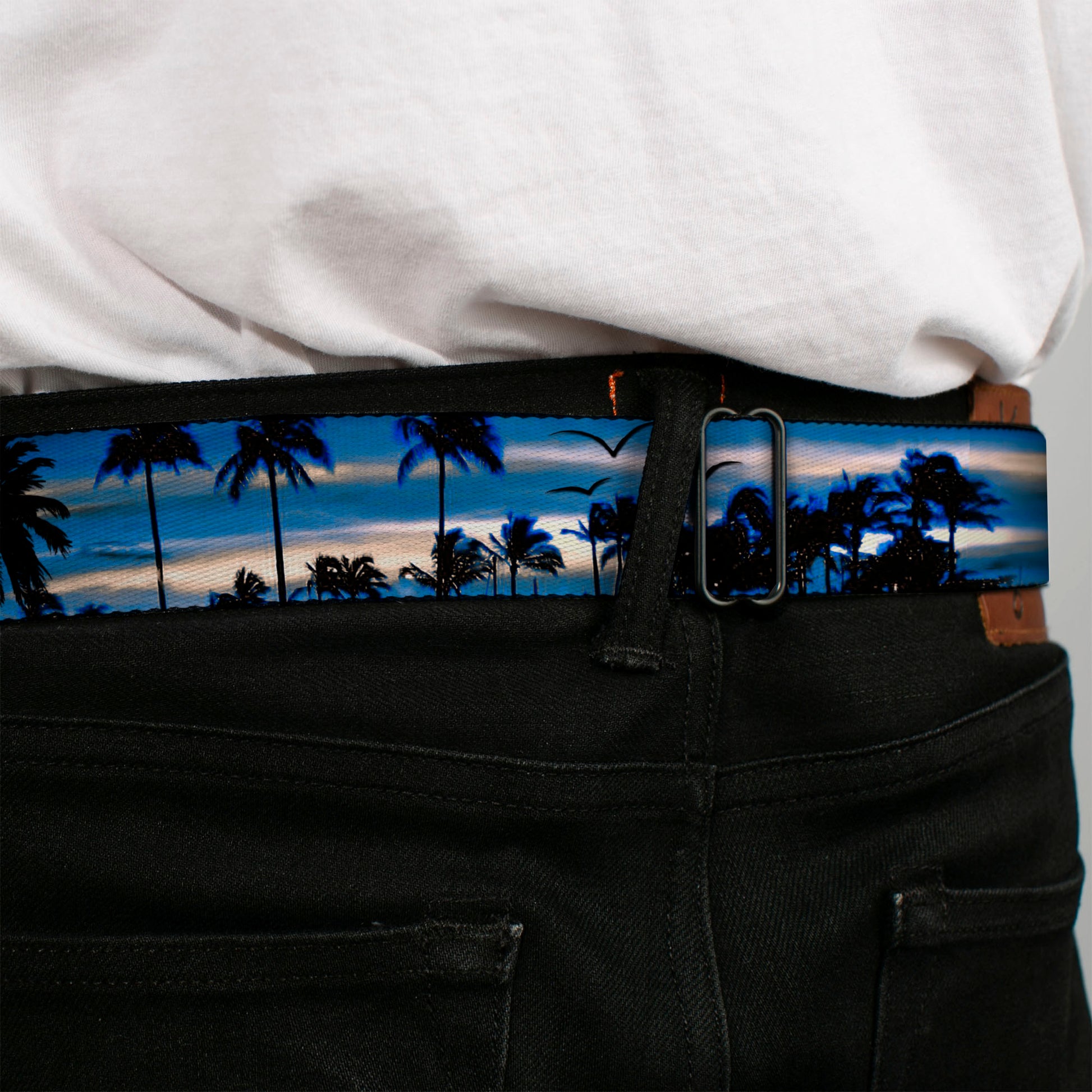 BD Wings Logo CLOSE-UP Full Color Black Silver Seatbelt Belt - Blue Sunset Webbing Seatbelt Belts Buckle-Down