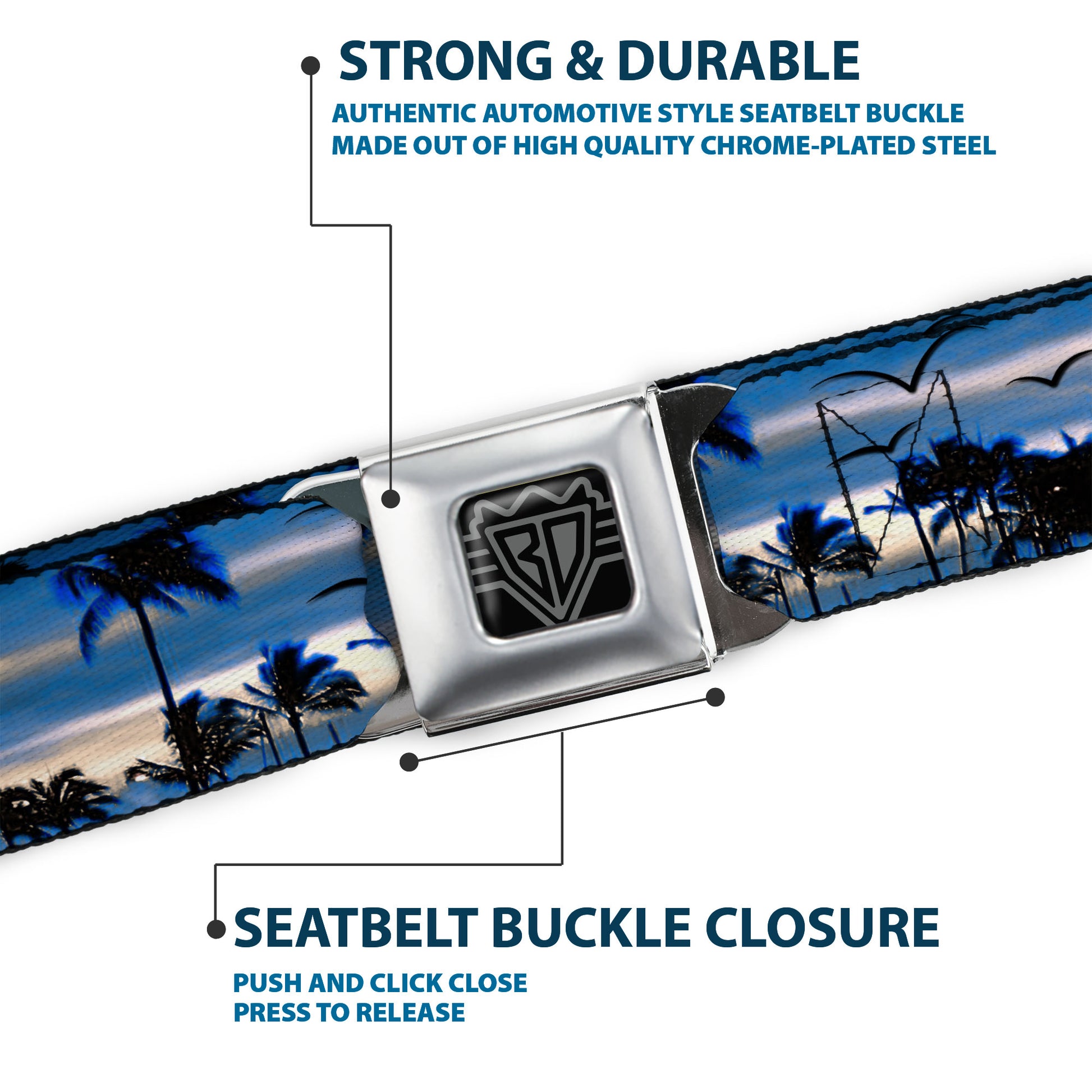 BD Wings Logo CLOSE-UP Full Color Black Silver Seatbelt Belt - Blue Sunset Webbing Seatbelt Belts Buckle-Down