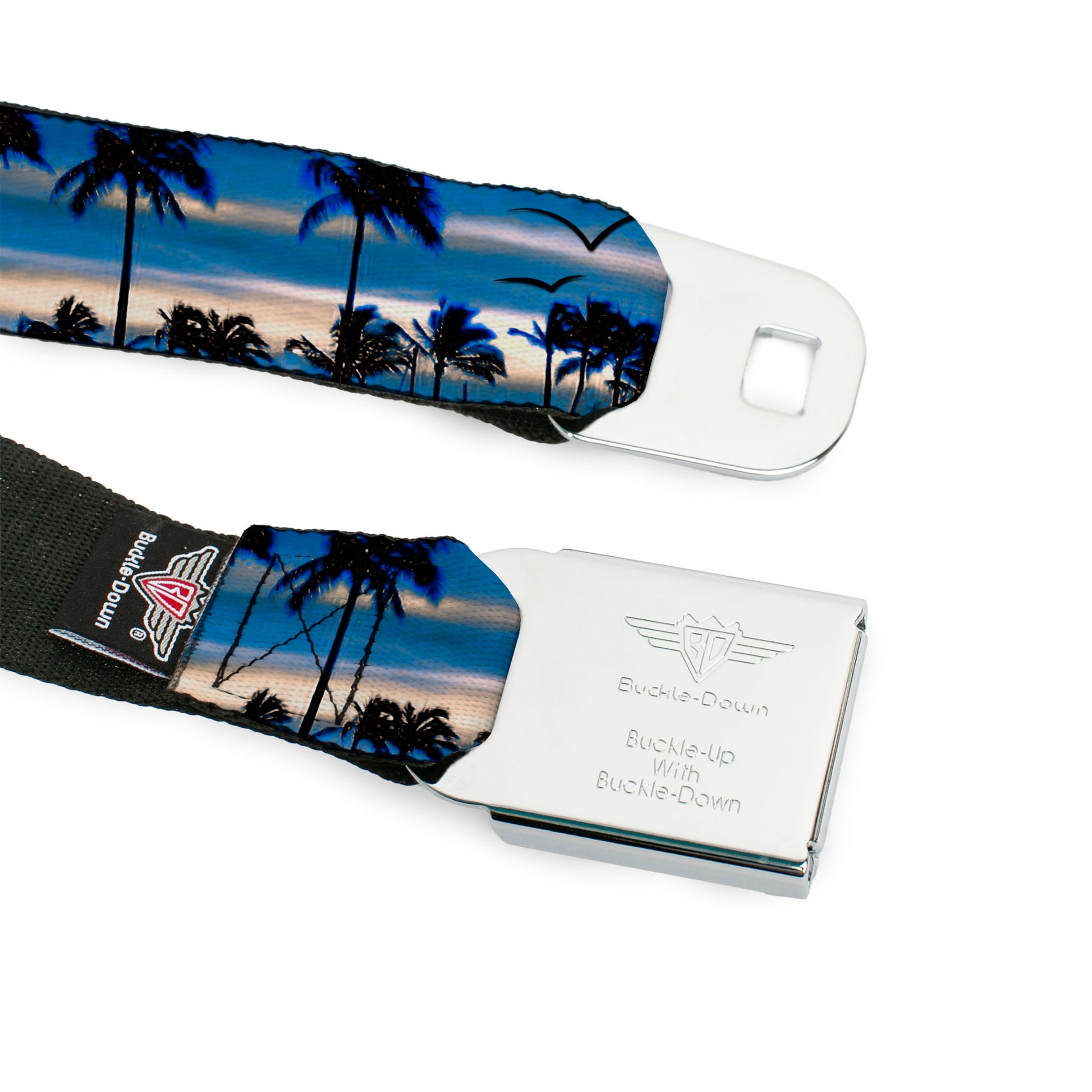 BD Wings Logo CLOSE-UP Full Color Black Silver Seatbelt Belt - Blue Sunset Webbing Seatbelt Belts Buckle-Down