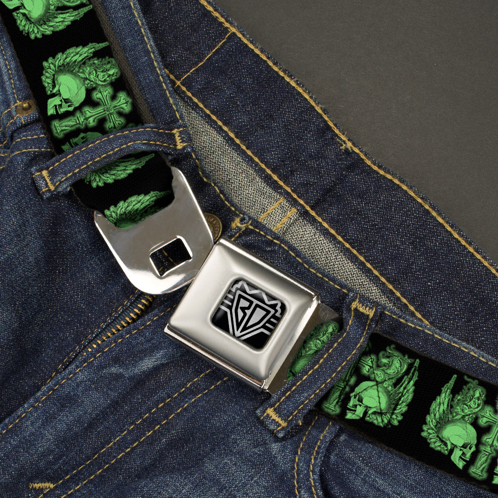 BD Wings Logo CLOSE-UP Full Color Black Silver Seatbelt Belt - BD Skulls w/Wings Black/Green Webbing Seatbelt Belts Buckle-Down