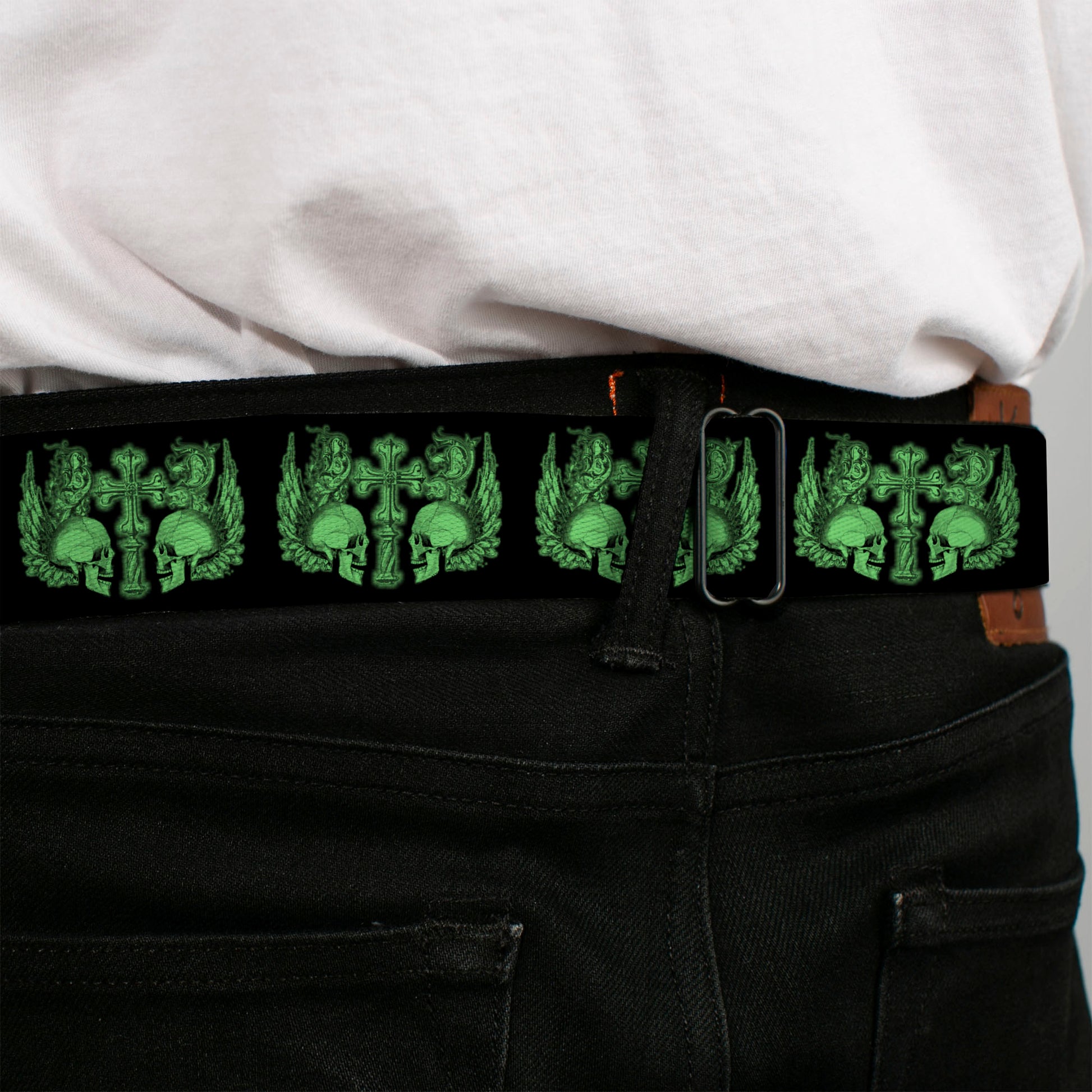 BD Wings Logo CLOSE-UP Full Color Black Silver Seatbelt Belt - BD Skulls w/Wings Black/Green Webbing Seatbelt Belts Buckle-Down
