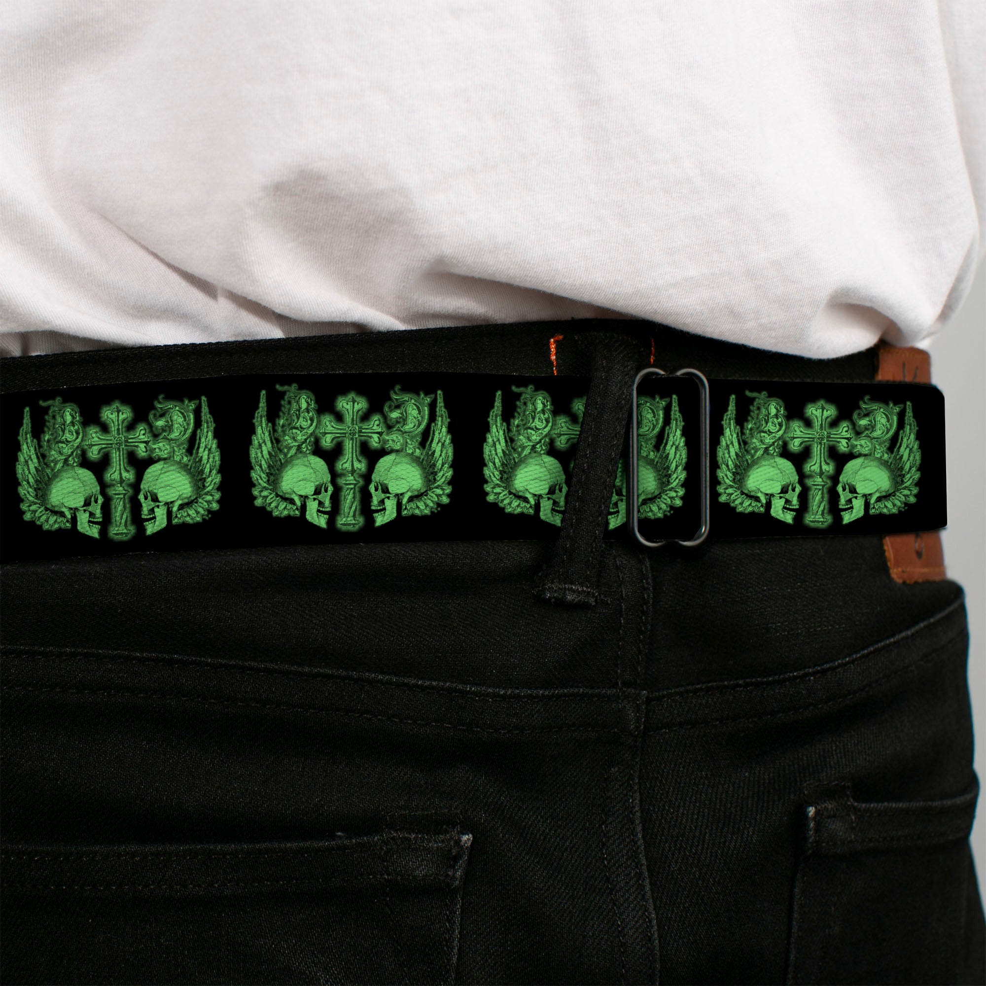 BD Wings Logo CLOSE-UP Full Color Black Silver Seatbelt Belt - BD Skulls w/Wings Black/Green Webbing Seatbelt Belts Buckle-Down