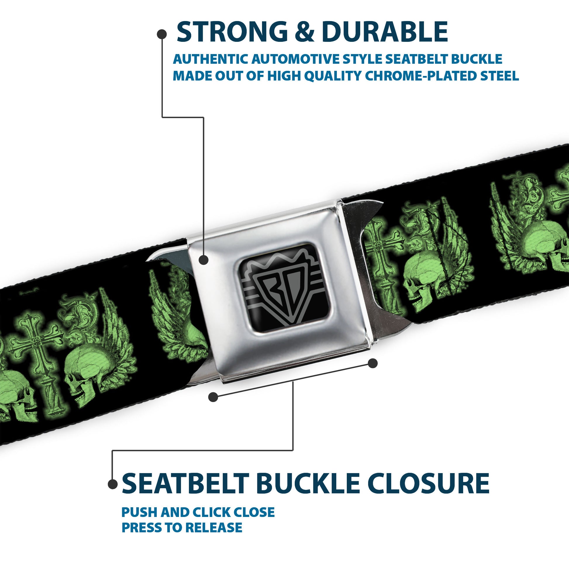 BD Wings Logo CLOSE-UP Full Color Black Silver Seatbelt Belt - BD Skulls w/Wings Black/Green Webbing Seatbelt Belts Buckle-Down