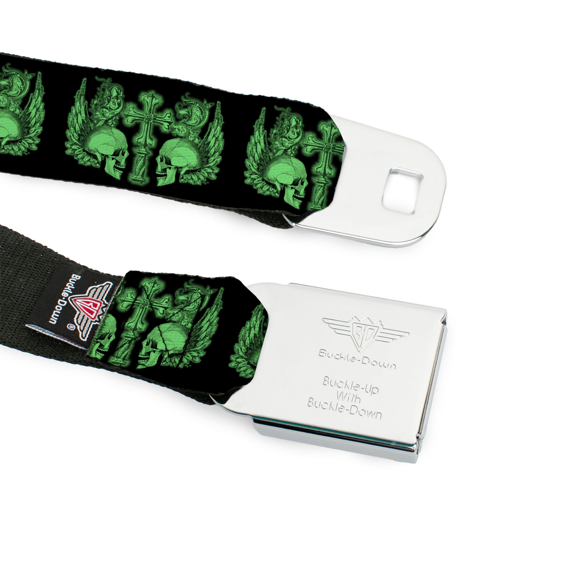 BD Wings Logo CLOSE-UP Full Color Black Silver Seatbelt Belt - BD Skulls w/Wings Black/Green Webbing Seatbelt Belts Buckle-Down