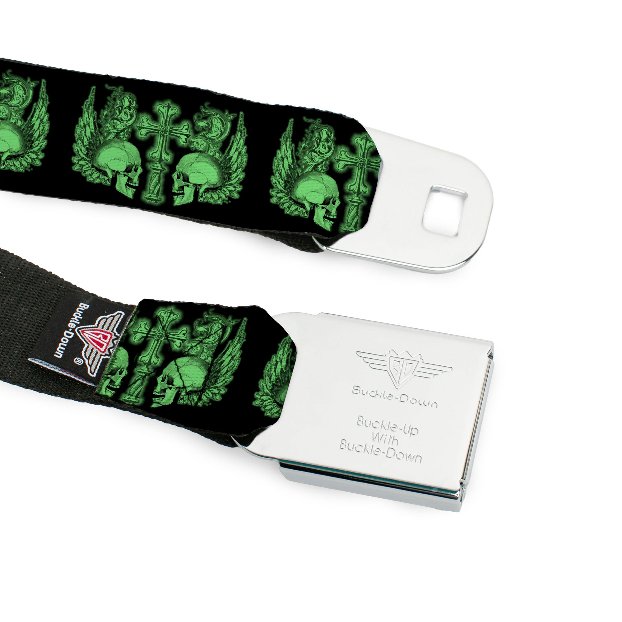 BD Wings Logo CLOSE-UP Full Color Black Silver Seatbelt Belt - BD Skulls w/Wings Black/Green Webbing Seatbelt Belts Buckle-Down