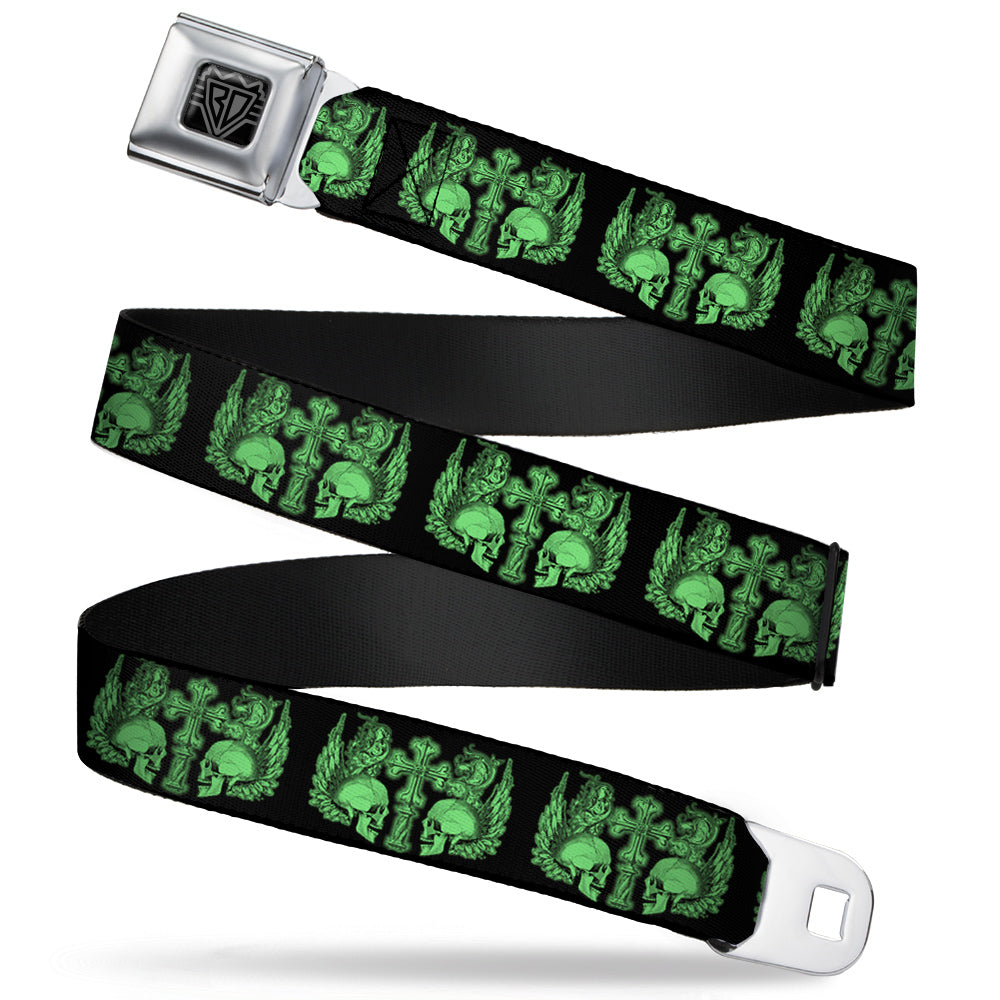 BD Wings Logo CLOSE-UP Full Color Black Silver Seatbelt Belt - BD Skulls w/Wings Black/Green Webbing Seatbelt Belts Buckle-Down