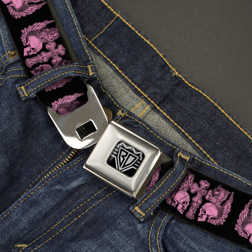 BD Wings Logo CLOSE-UP Full Color Black Silver Seatbelt Belt - BD Skulls w/Wings Black/Pink Webbing Seatbelt Belts Buckle-Down