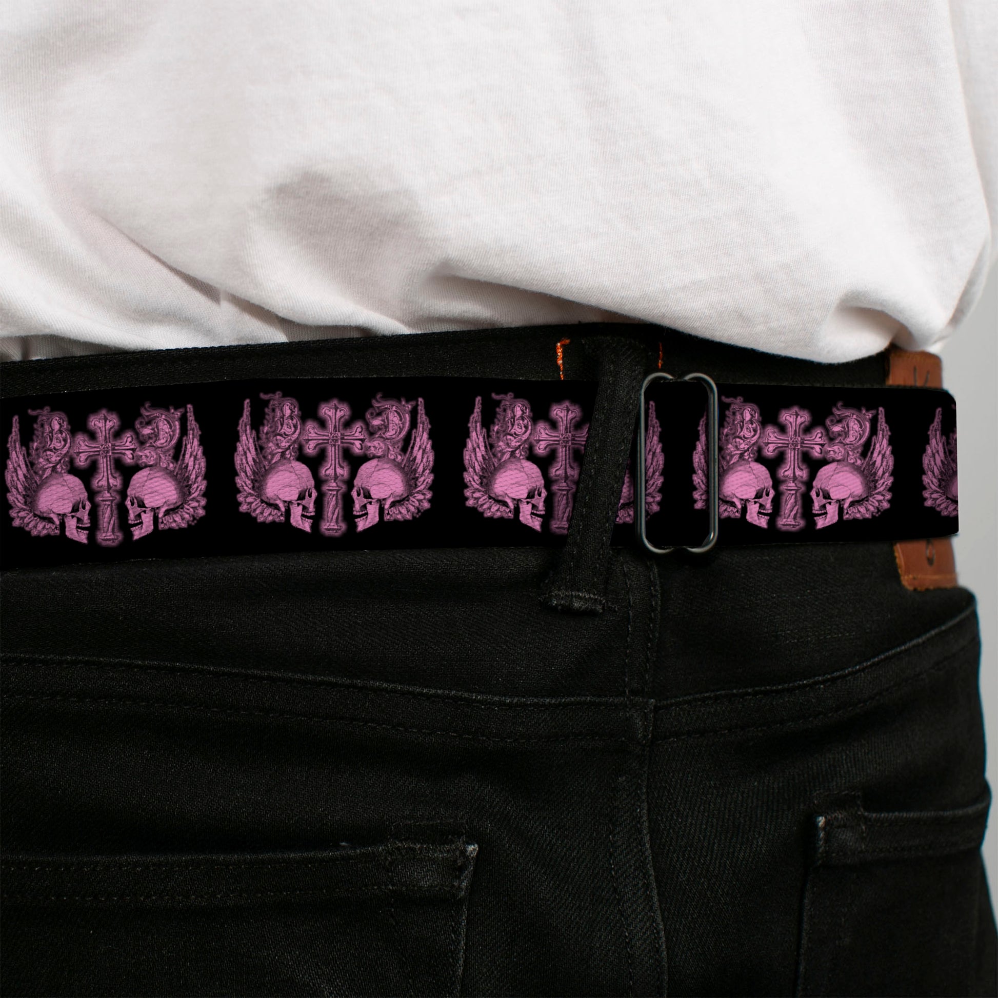 BD Wings Logo CLOSE-UP Full Color Black Silver Seatbelt Belt - BD Skulls w/Wings Black/Pink Webbing Seatbelt Belts Buckle-Down