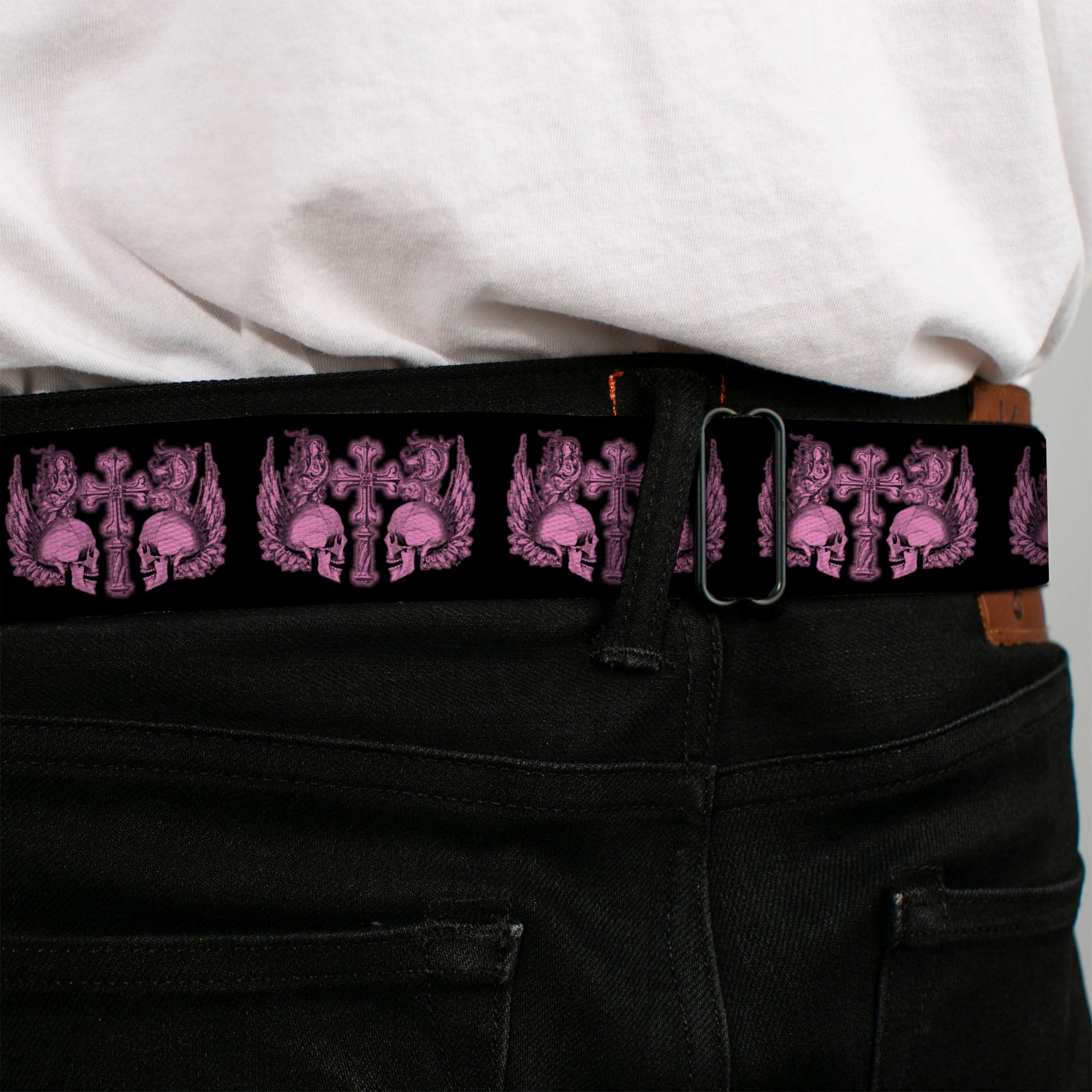 BD Wings Logo CLOSE-UP Full Color Black Silver Seatbelt Belt - BD Skulls w/Wings Black/Pink Webbing Seatbelt Belts Buckle-Down