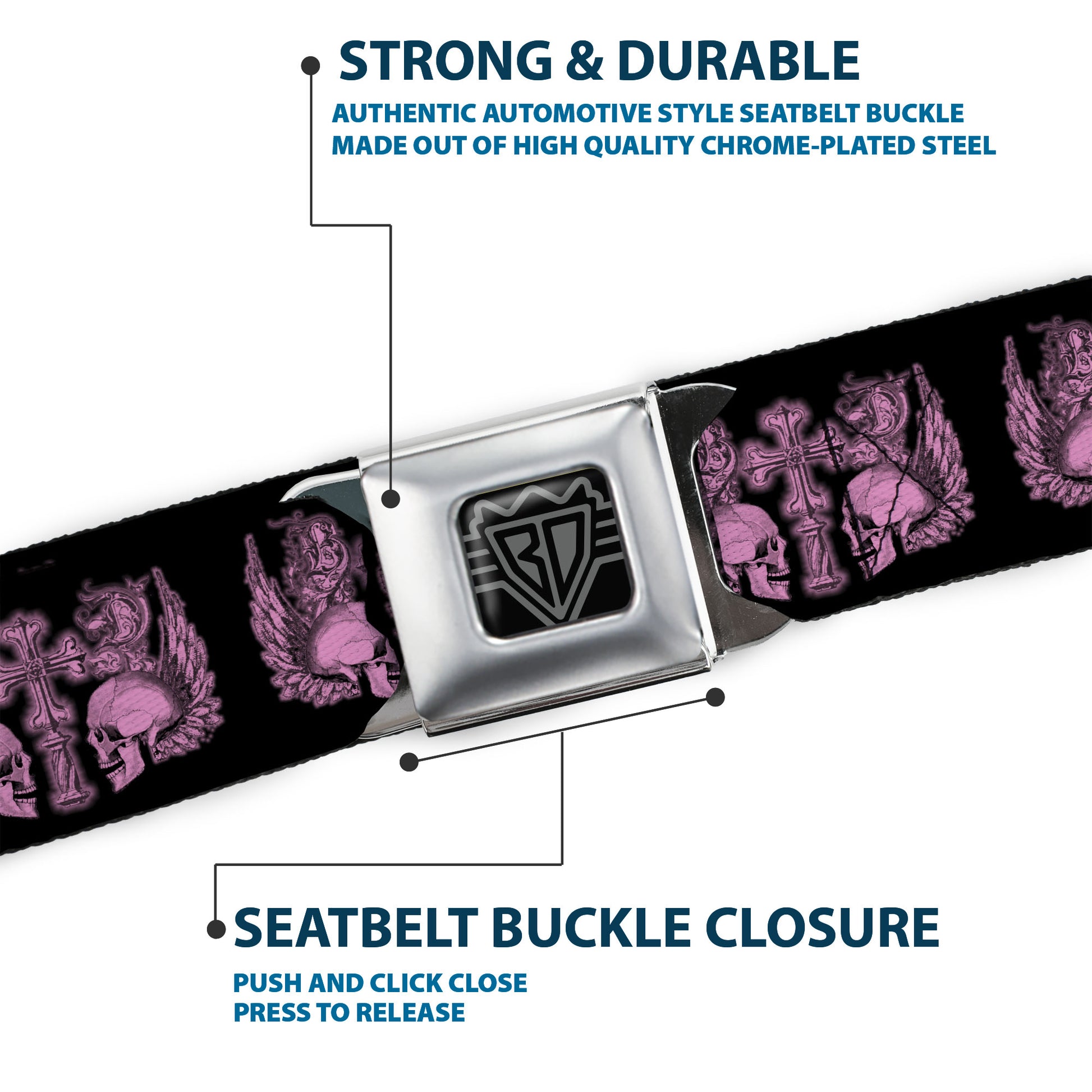 BD Wings Logo CLOSE-UP Full Color Black Silver Seatbelt Belt - BD Skulls w/Wings Black/Pink Webbing Seatbelt Belts Buckle-Down