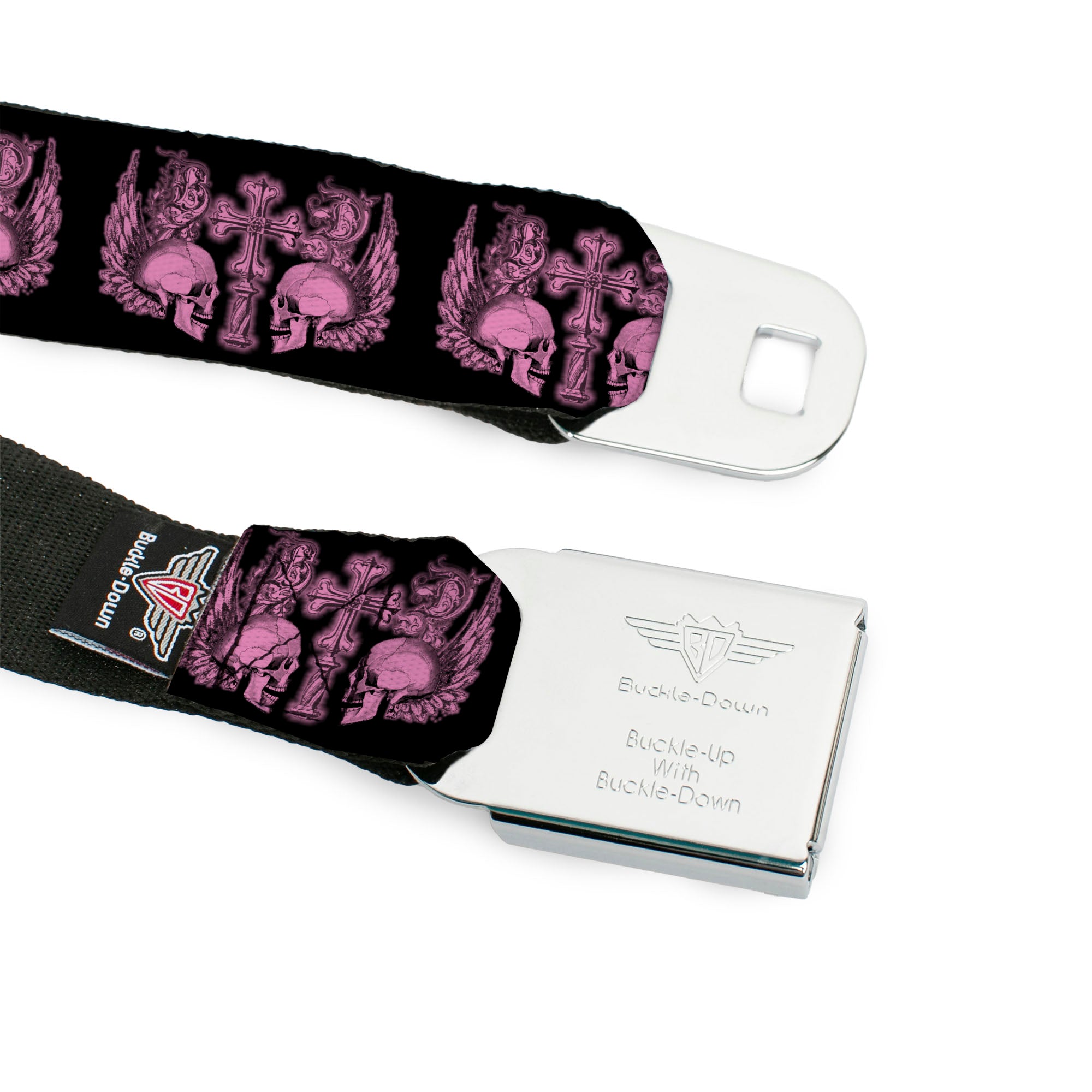 BD Wings Logo CLOSE-UP Full Color Black Silver Seatbelt Belt - BD Skulls w/Wings Black/Pink Webbing Seatbelt Belts Buckle-Down