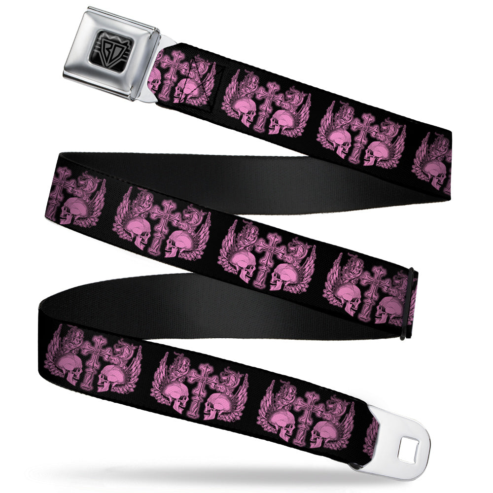 BD Wings Logo CLOSE-UP Full Color Black Silver Seatbelt Belt - BD Skulls w/Wings Black/Pink Webbing Seatbelt Belts Buckle-Down