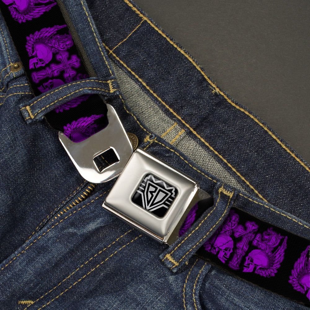 BD Wings Logo CLOSE-UP Full Color Black Silver Seatbelt Belt - BD Skulls w/Wings Black/Purple Webbing Seatbelt Belts Buckle-Down