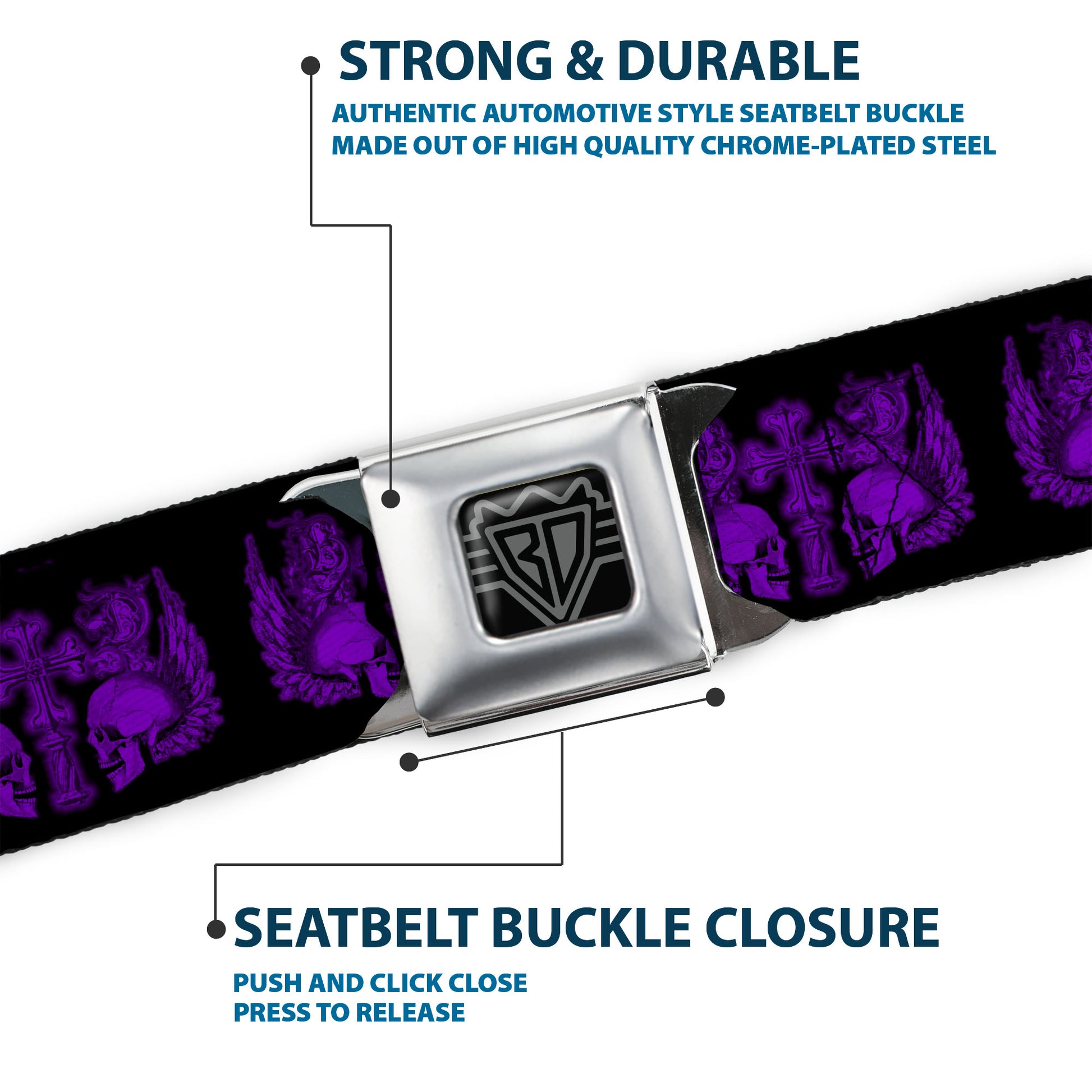 BD Wings Logo CLOSE-UP Full Color Black Silver Seatbelt Belt - BD Skulls w/Wings Black/Purple Webbing Seatbelt Belts Buckle-Down