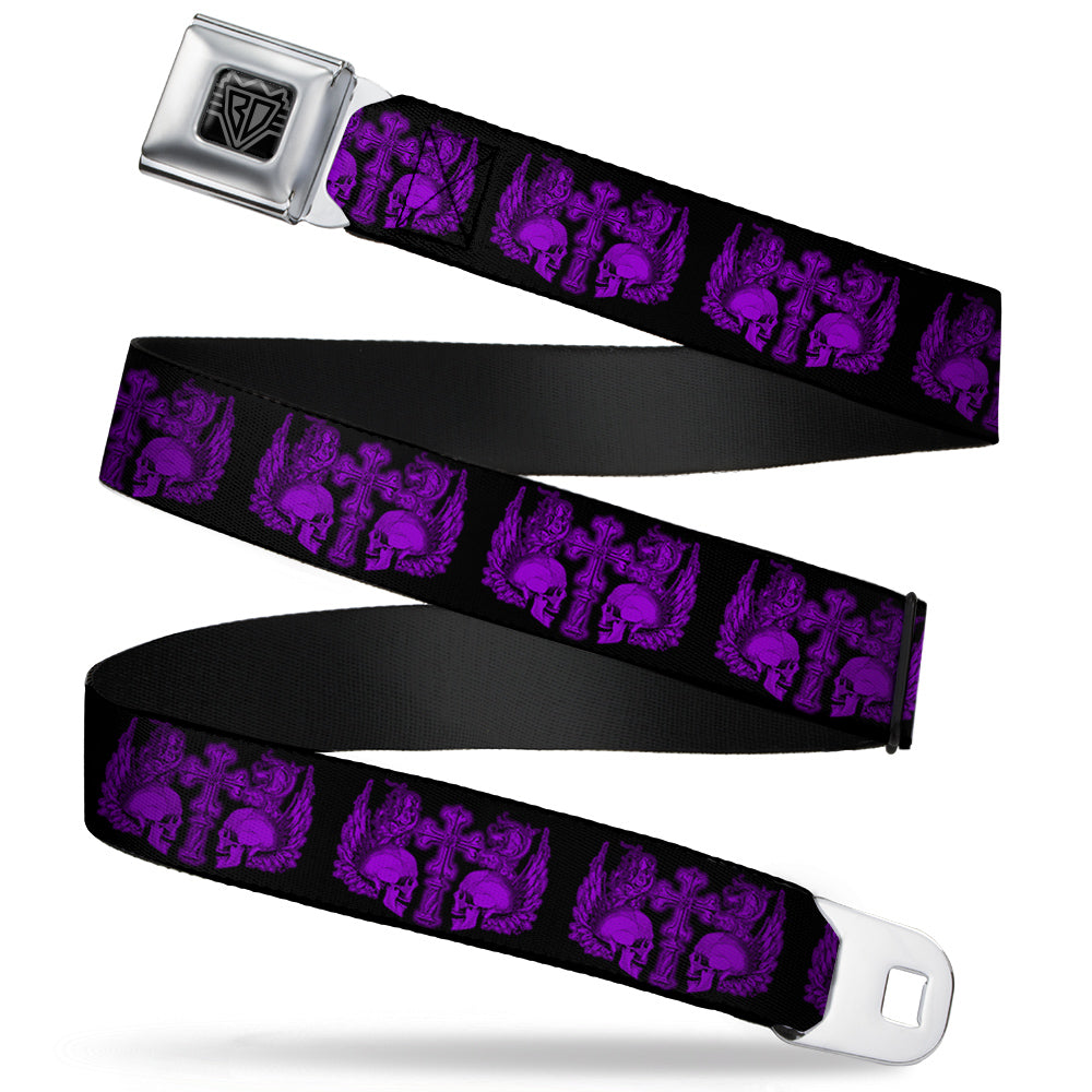 BD Wings Logo CLOSE-UP Full Color Black Silver Seatbelt Belt - BD Skulls w/Wings Black/Purple Webbing Seatbelt Belts Buckle-Down
