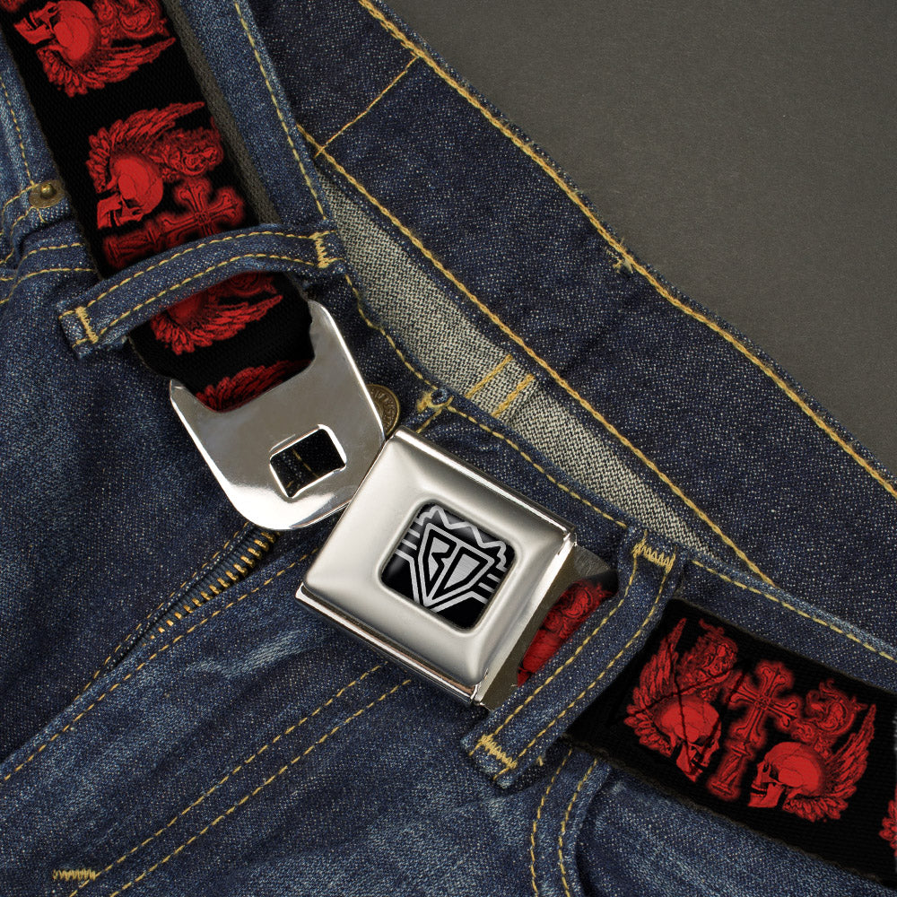 BD Wings Logo CLOSE-UP Full Color Black Silver Seatbelt Belt - BD Skulls w/Wings Black/Red Webbing Seatbelt Belts Buckle-Down